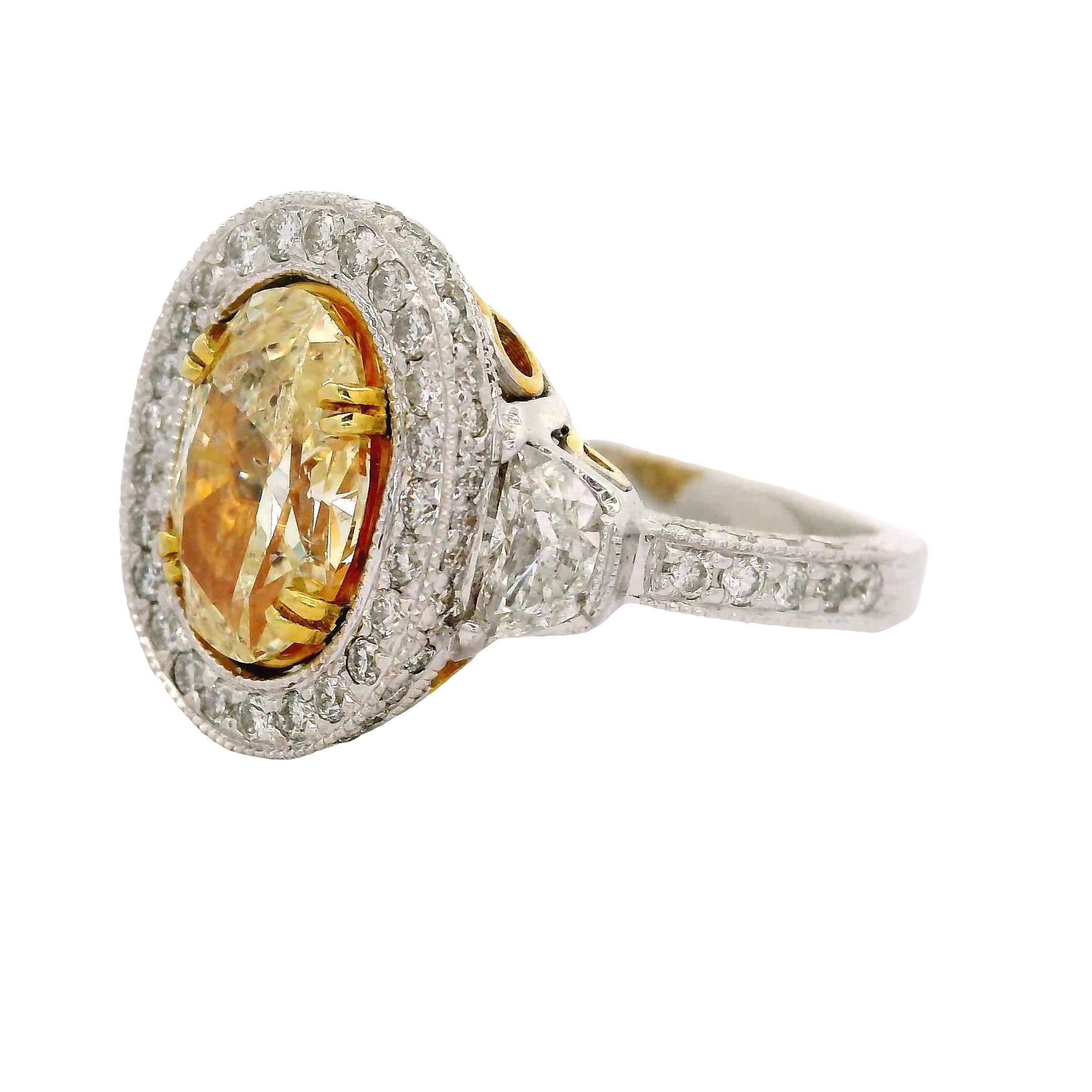 2.13 Carat Fancy-Yellow Diamond 18K Two-Tone Gold Antique Style Ring