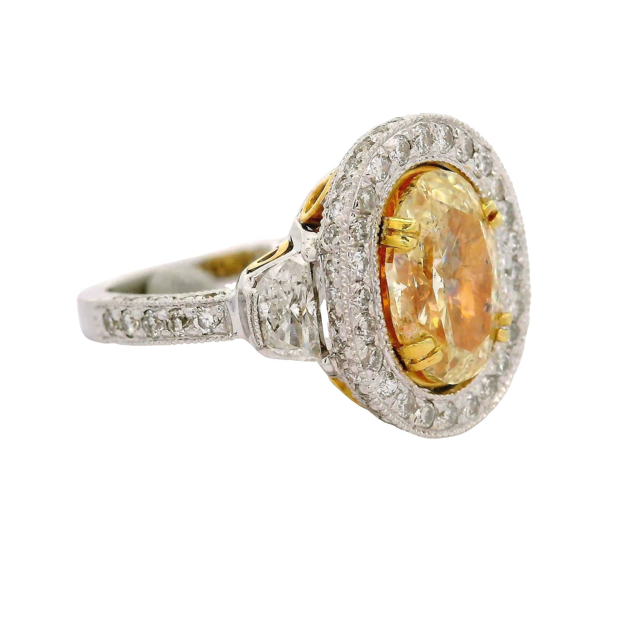 2.13 Carat Fancy-Yellow Diamond 18K Two-Tone Gold Antique Style Ring