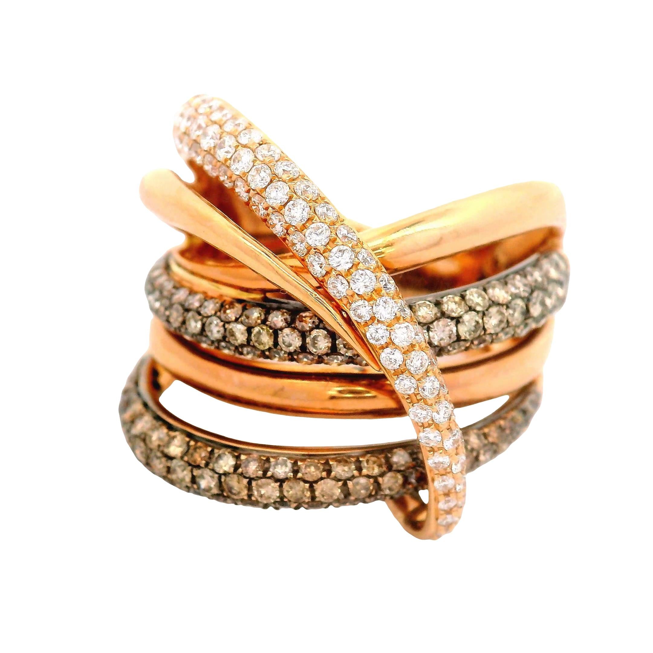 White & Cognac Diamond 18K Rose Gold Bypass Crossover Ring