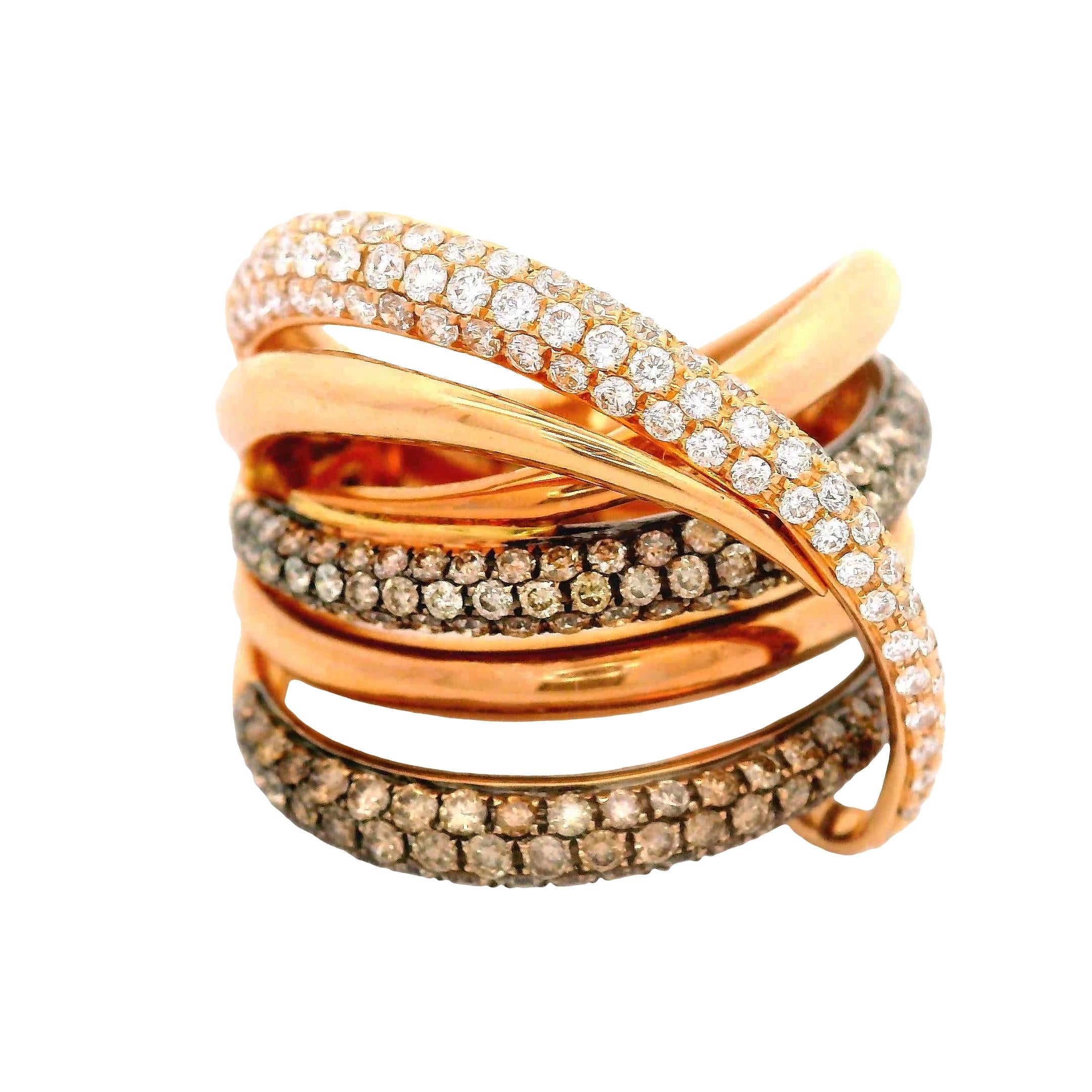White & Cognac Diamond 18K Rose Gold Bypass Crossover Ring