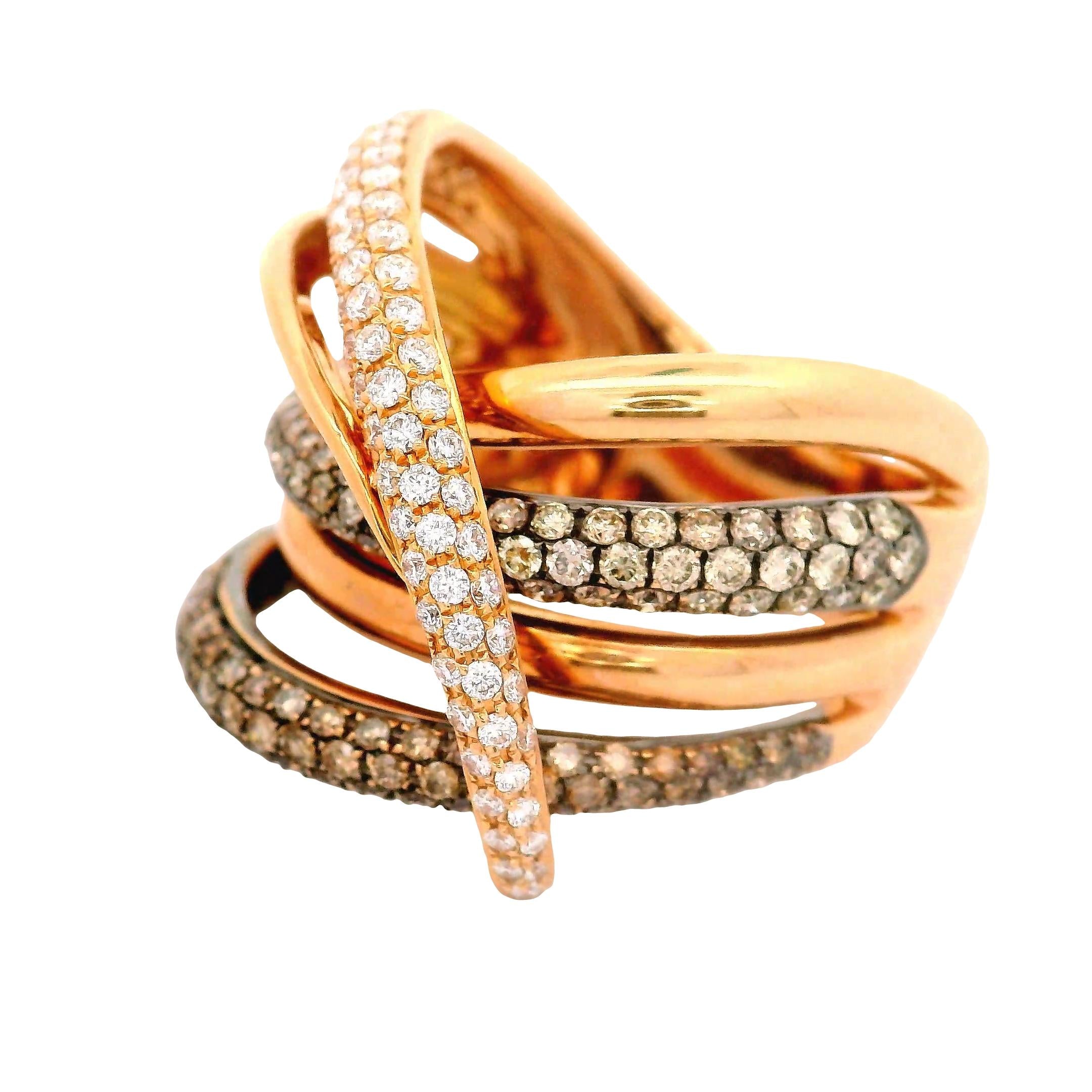 White & Cognac Diamond 18K Rose Gold Bypass Crossover Ring