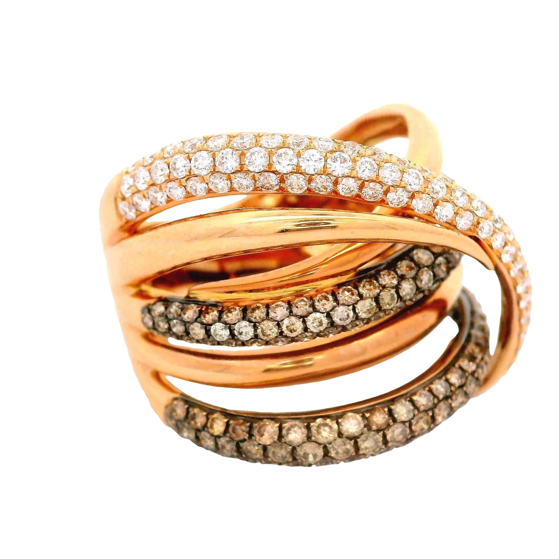 White & Cognac Diamond 18K Rose Gold Bypass Crossover Ring