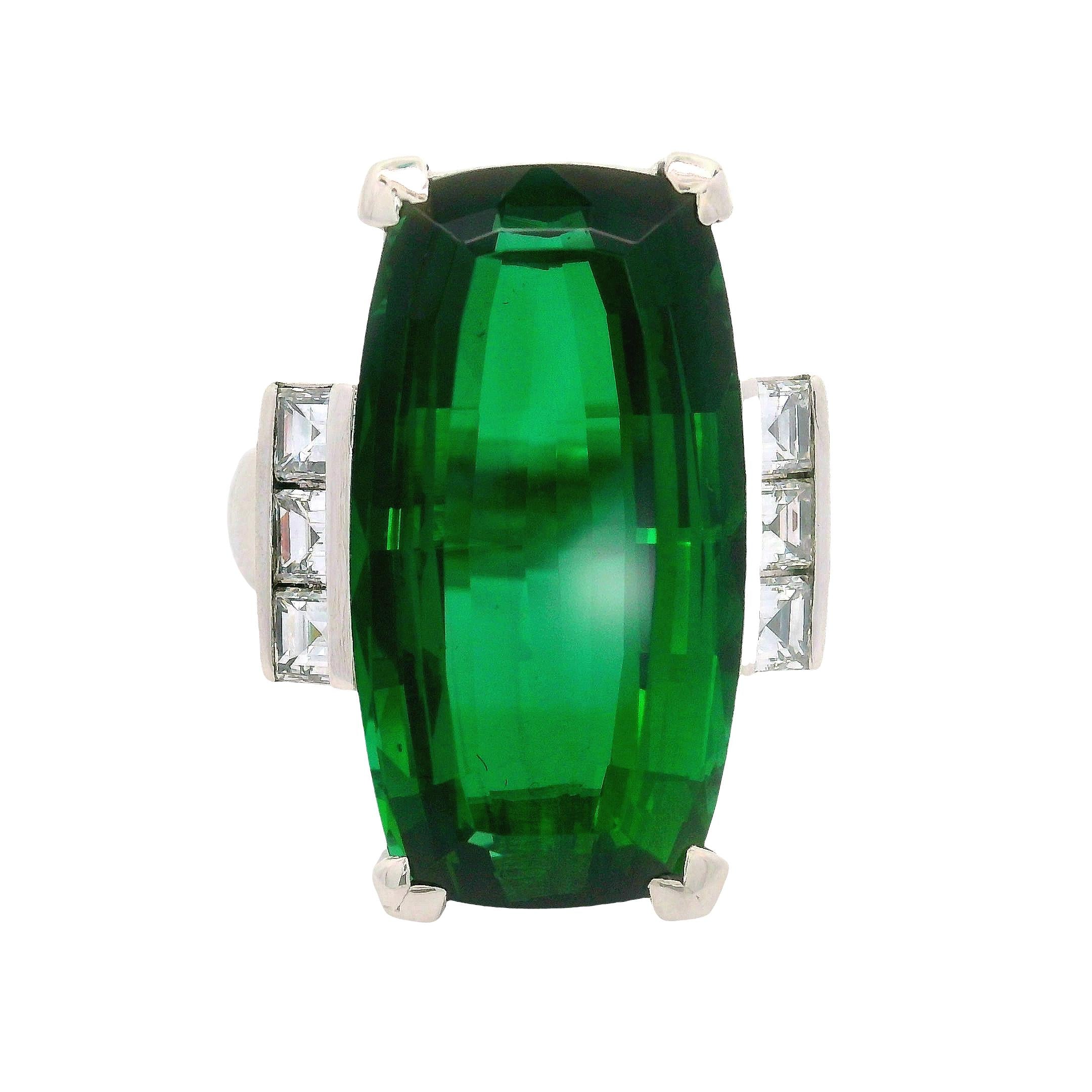 18.90 Carat Green Tourmaline Diamond Platinum Ring