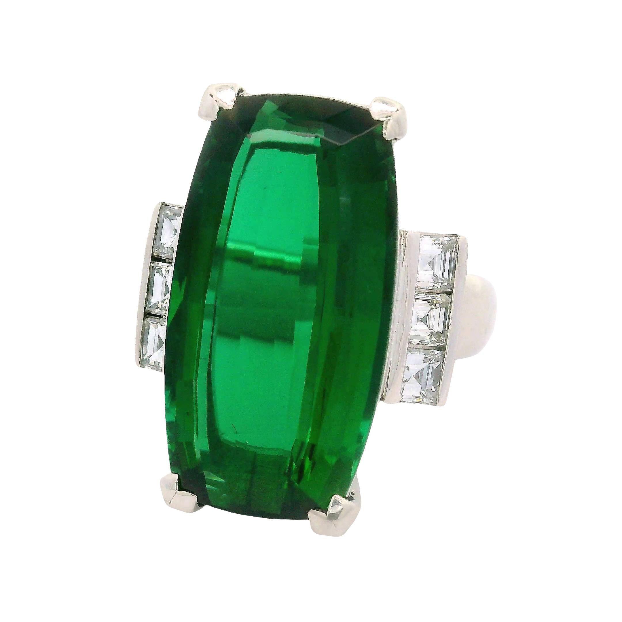 18.90 Carat Green Tourmaline Diamond Platinum Ring