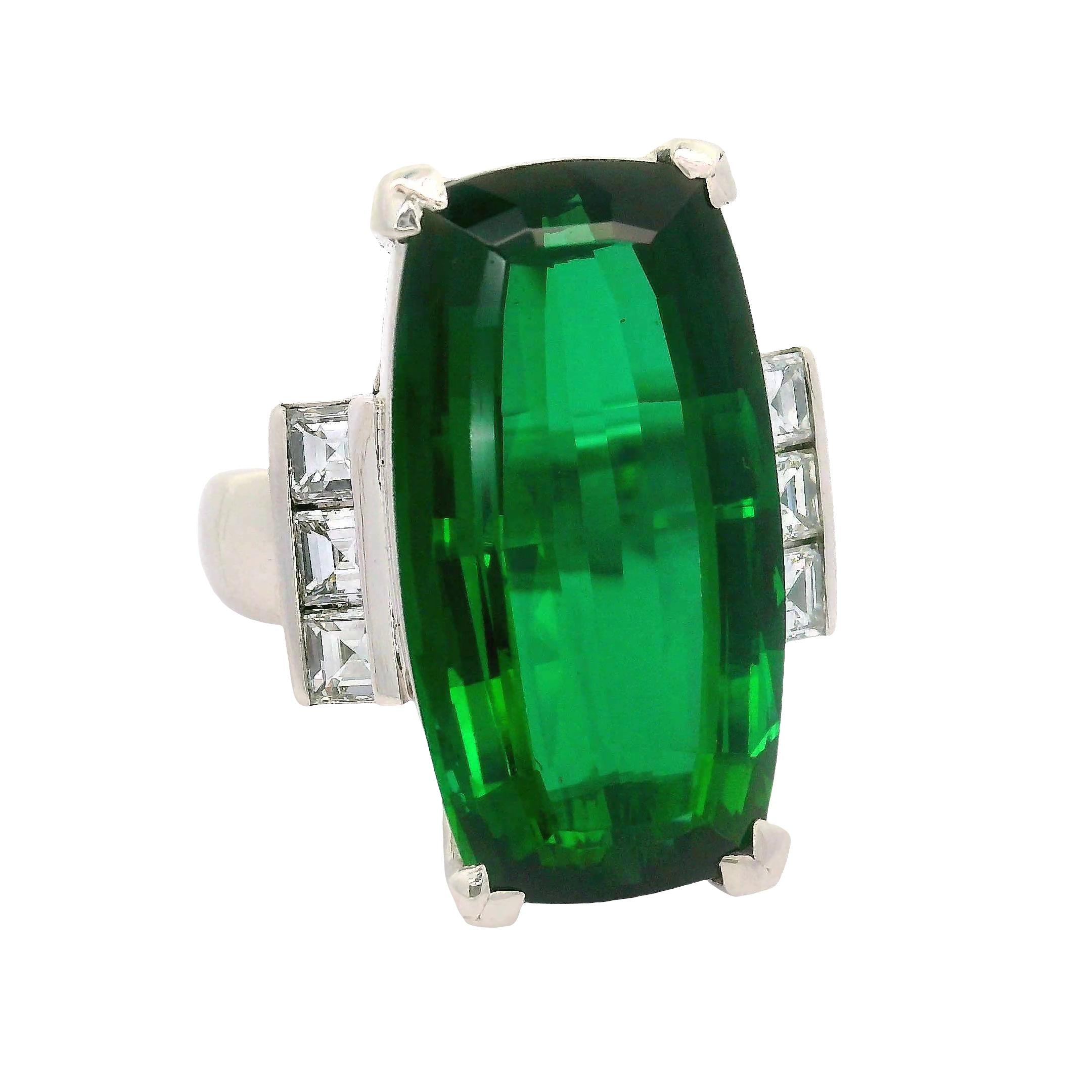 18.90 Carat Green Tourmaline Diamond Platinum Ring