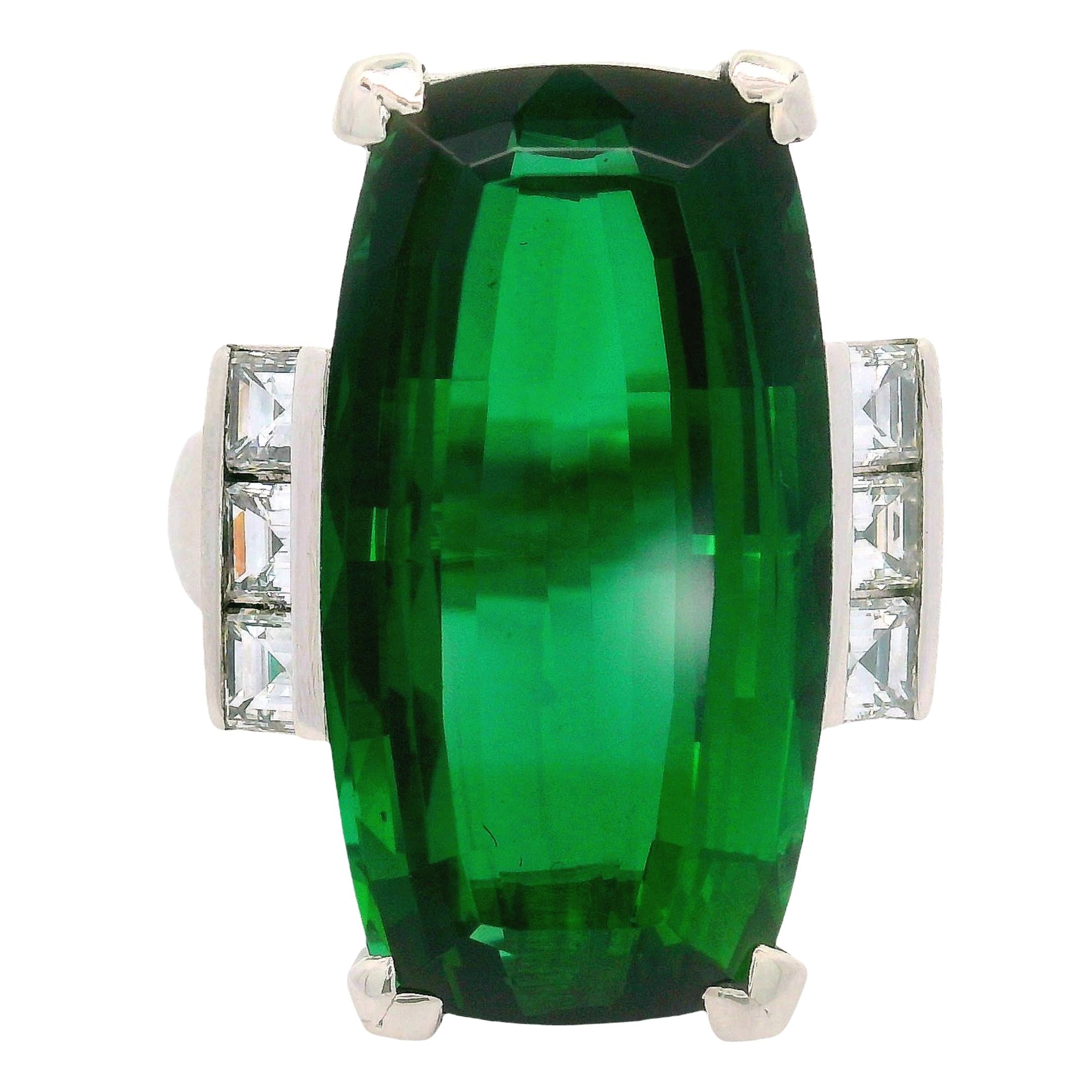 18.90 Carat Green Tourmaline Diamond Platinum Ring