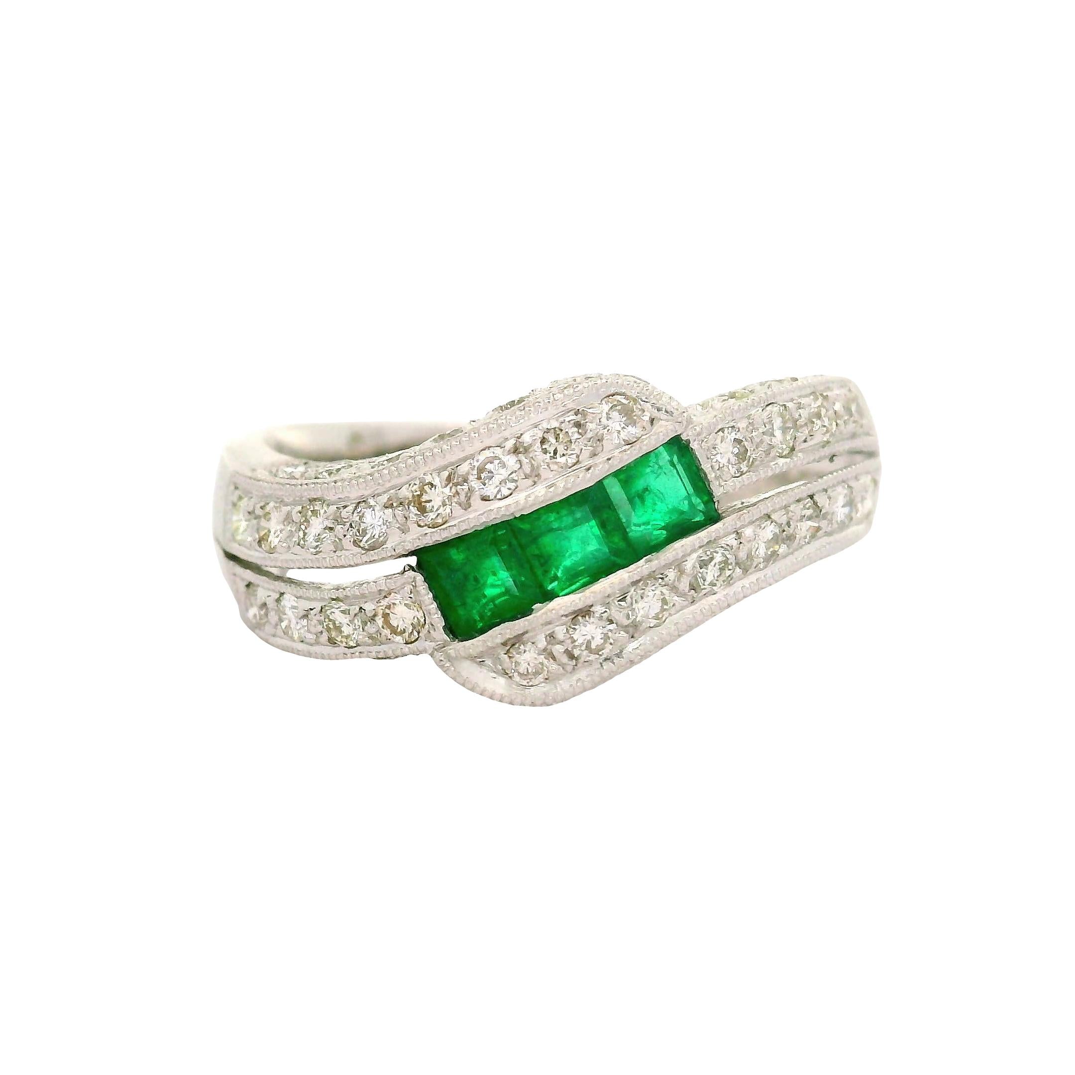Emerald Diamond Platinum Bypass Antique-Style Ring