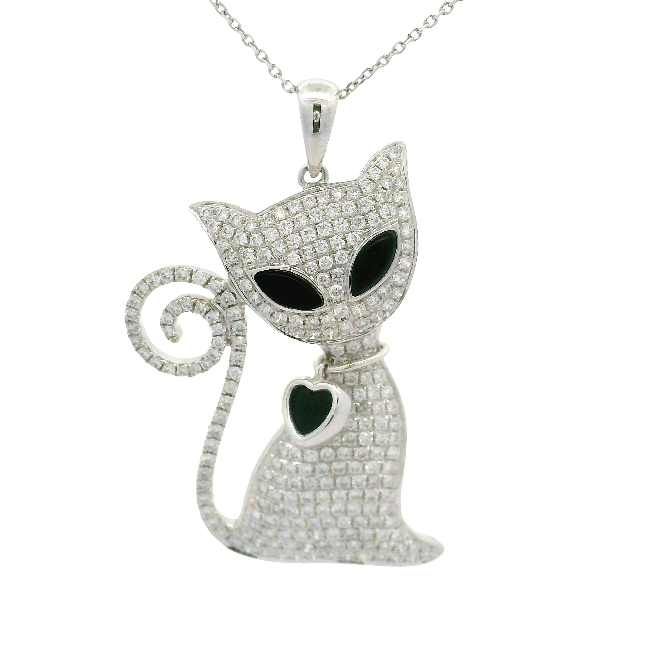 Diamond Onyx Enamel 18K White Gold Cat Heart Pendant Chain