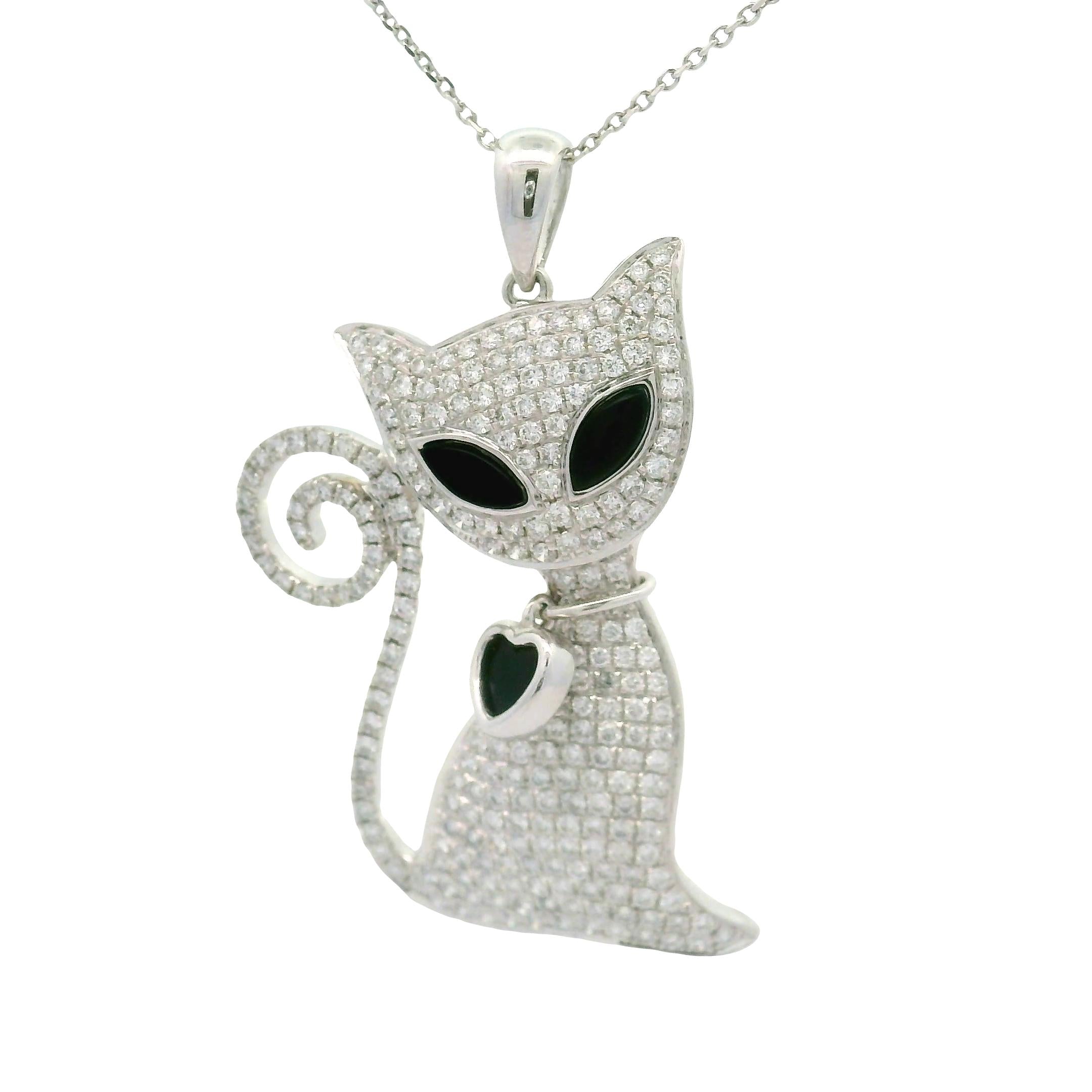 Diamond Onyx Enamel 18K White Gold Cat Heart Pendant Chain