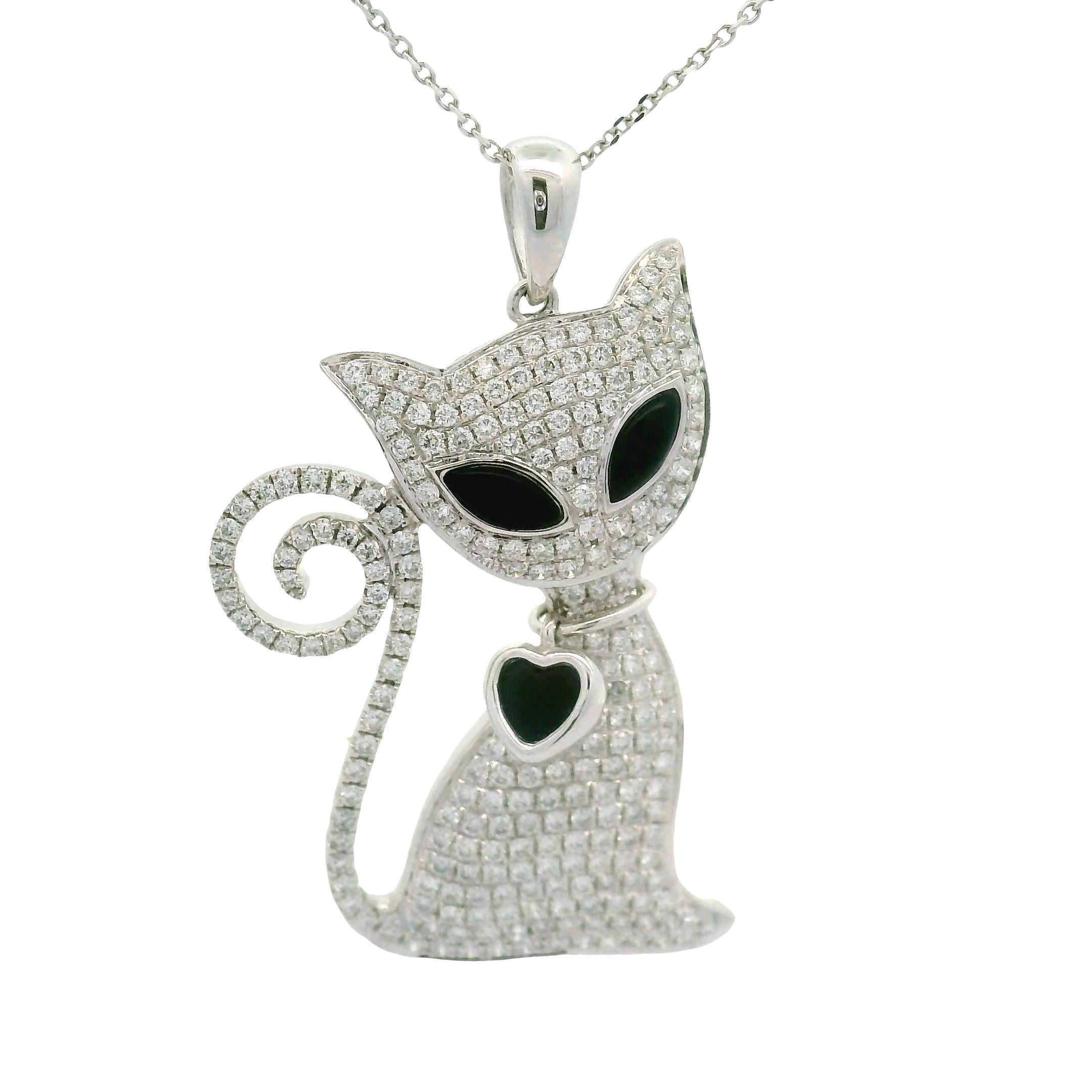 Diamond Onyx Enamel 18K White Gold Cat Heart Pendant Chain