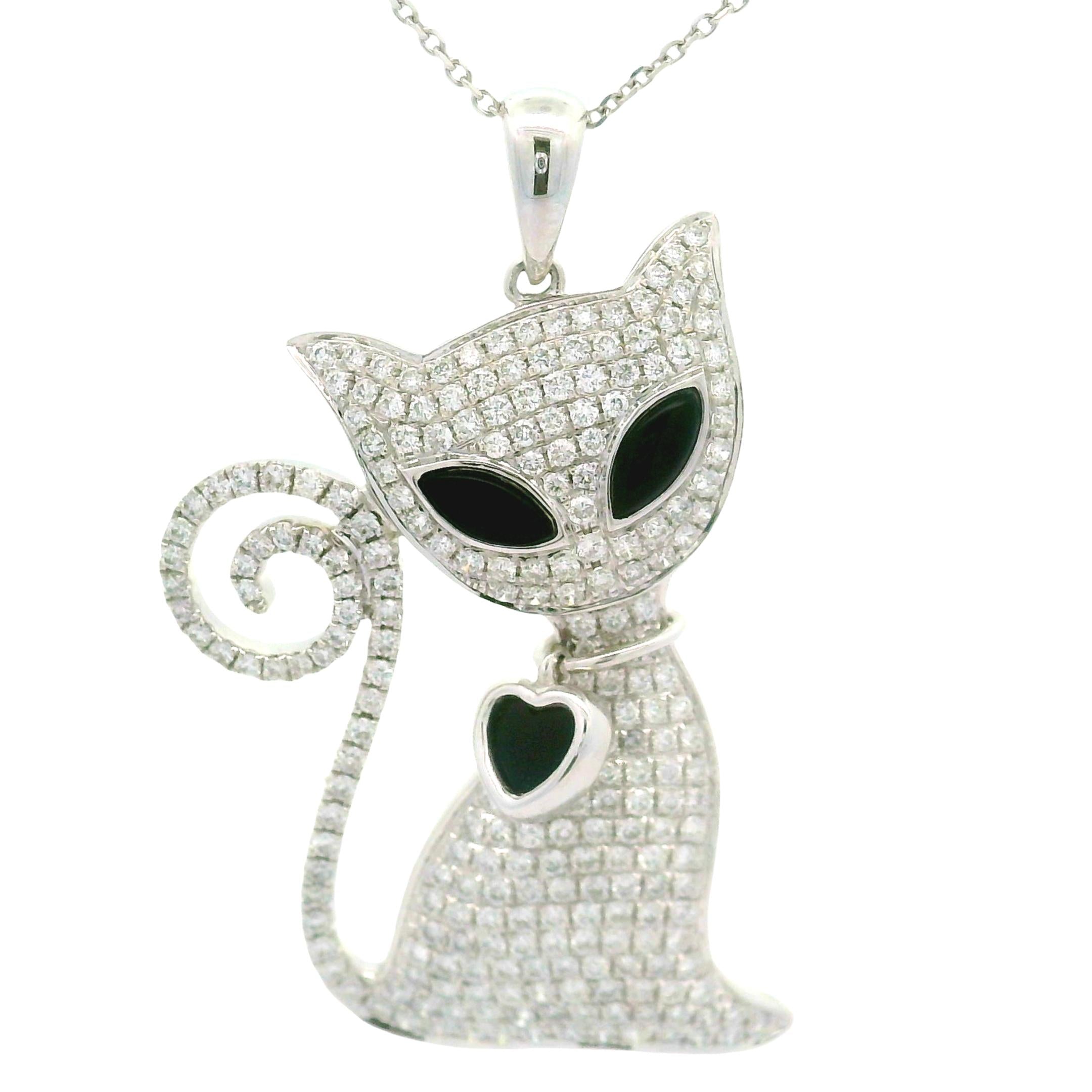 Diamond Onyx Enamel 18K White Gold Cat Heart Pendant Chain
