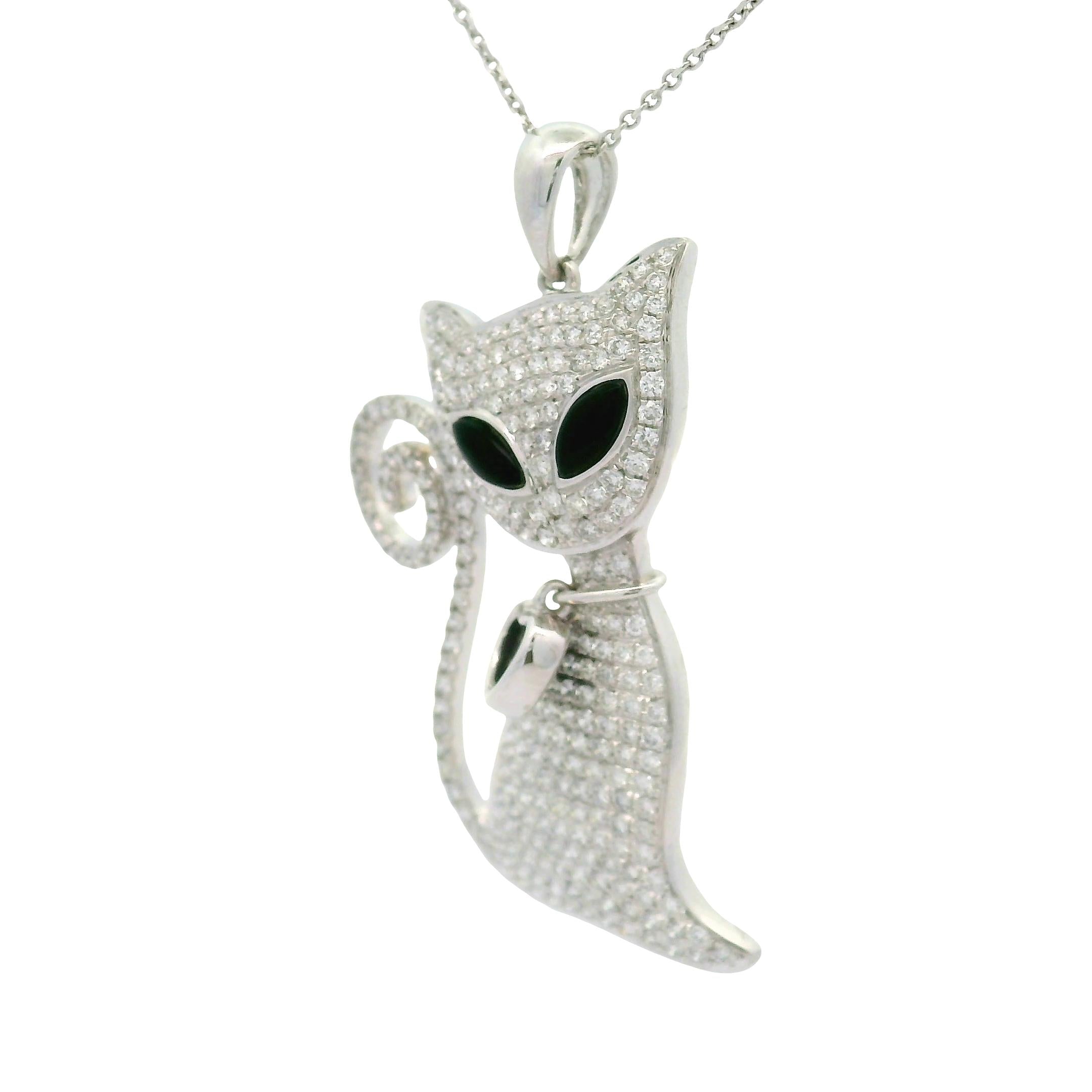 Diamond Onyx Enamel 18K White Gold Cat Heart Pendant Chain