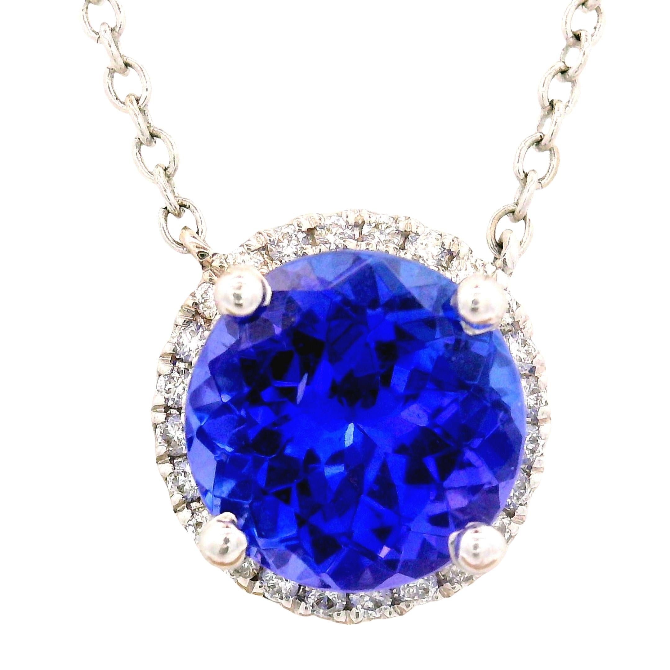 Tanzanite Diamond 18K White Gold Halo Necklace