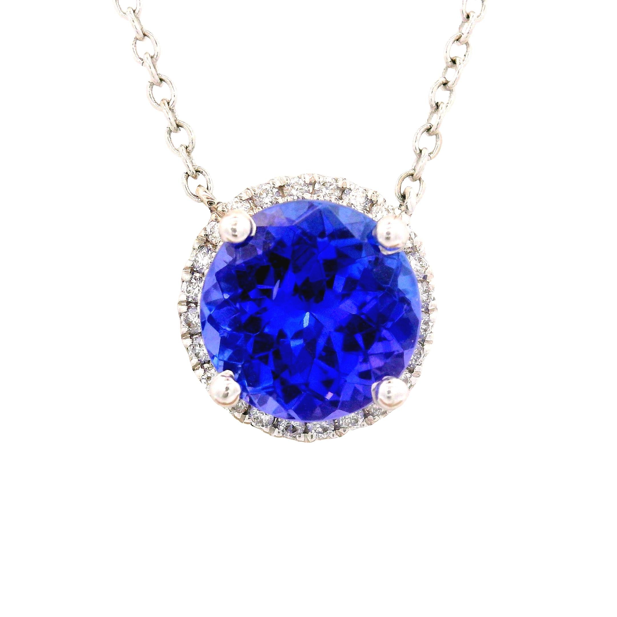 Tanzanite Diamond 18K White Gold Halo Necklace