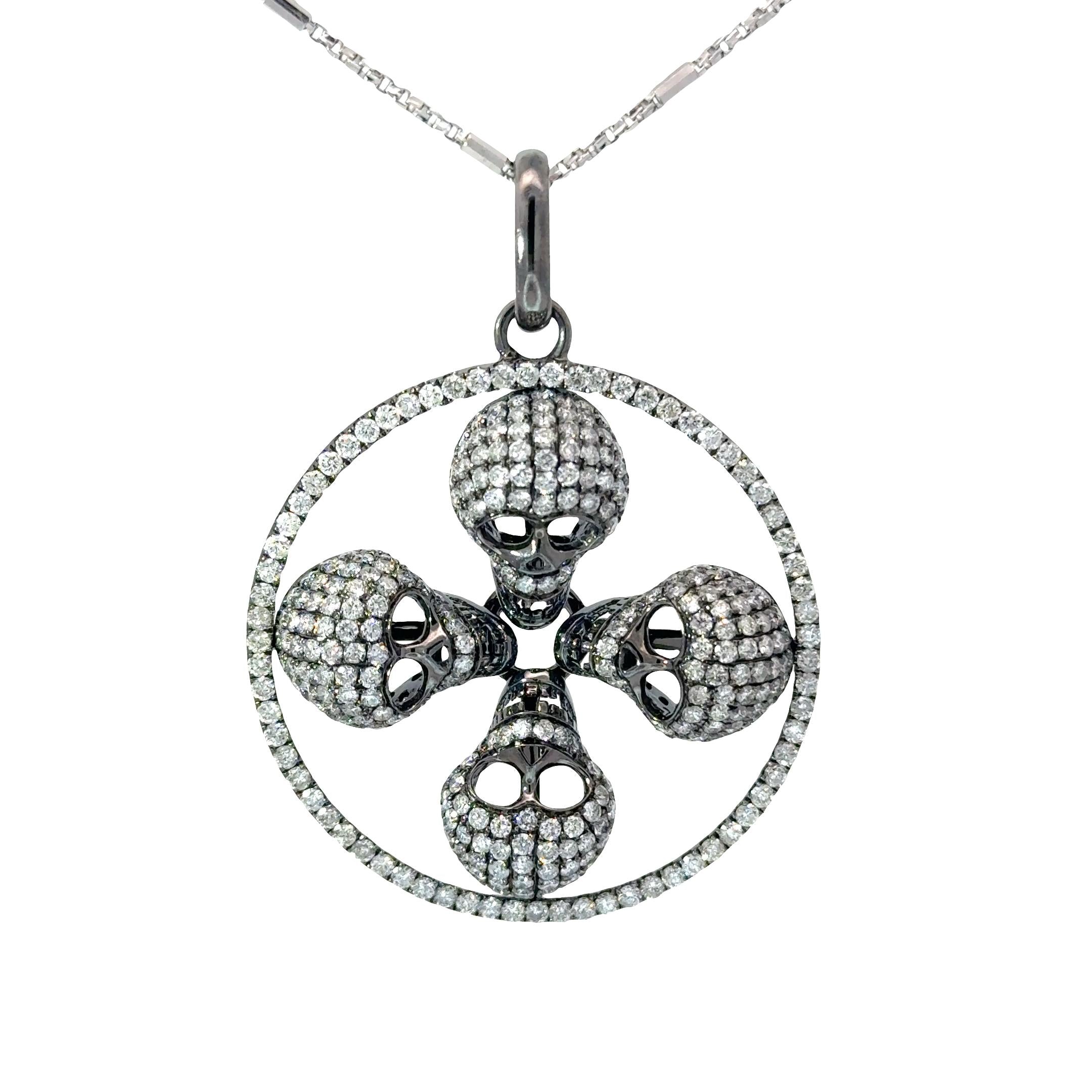 14K Gold Multi-Skull Diamond Pavé Pendant Necklace
