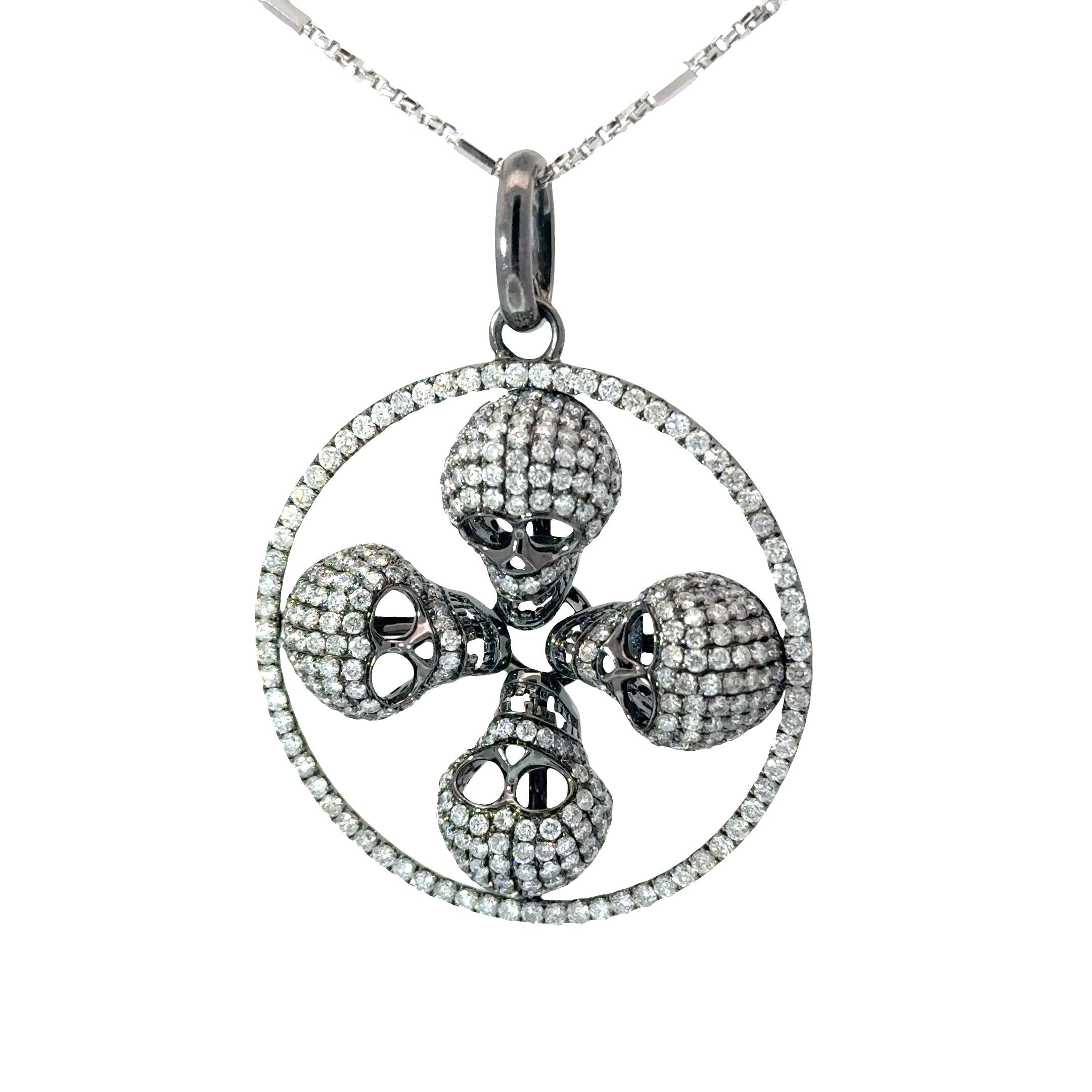 14K Gold Multi-Skull Diamond Pavé Pendant Necklace