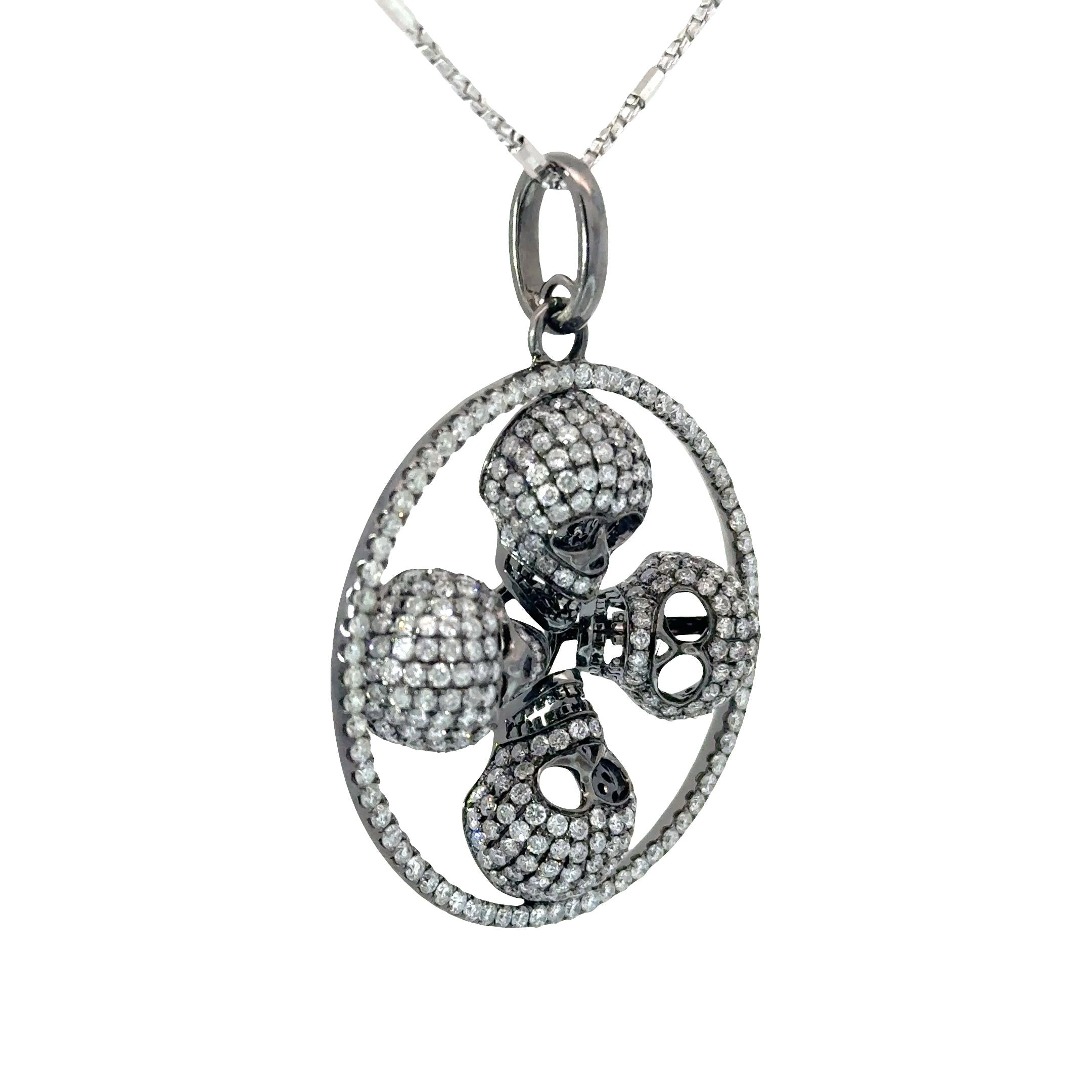 14K Gold Multi-Skull Diamond Pavé Pendant Necklace