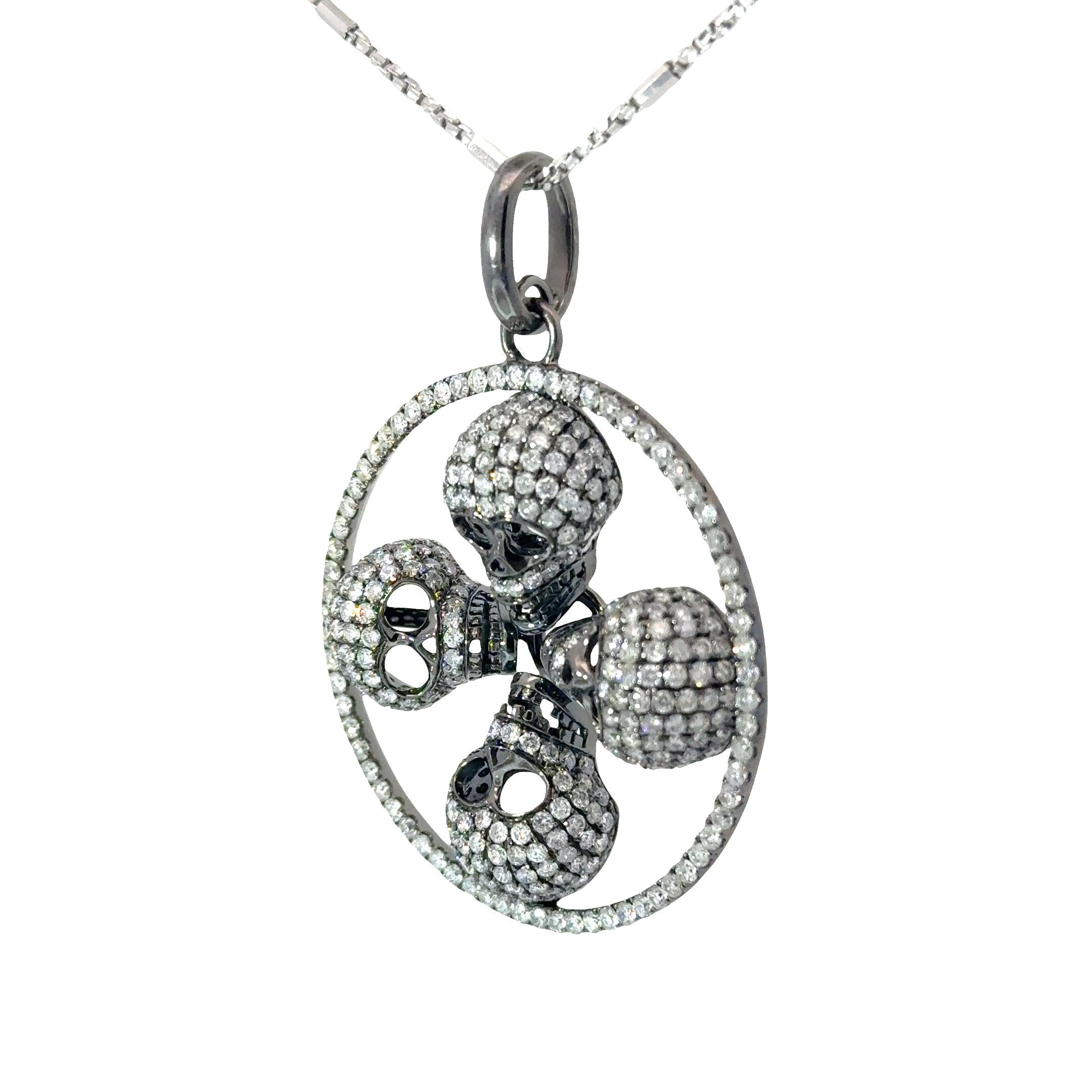14K Gold Multi-Skull Diamond Pavé Pendant Necklace