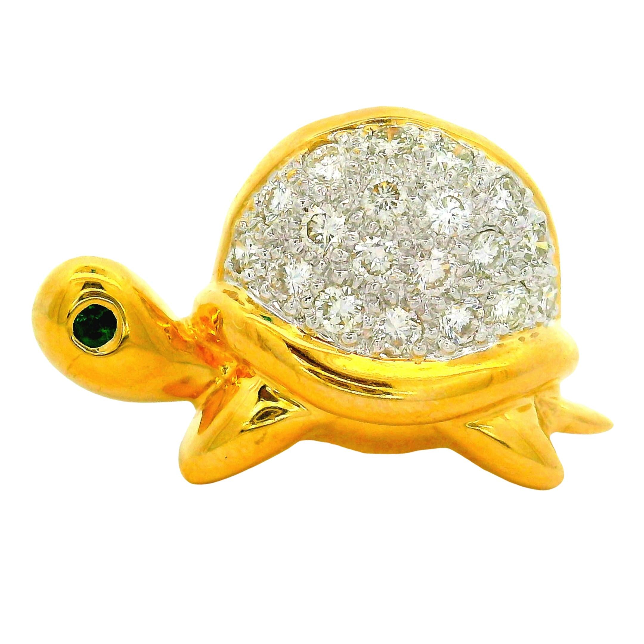 Vintage Diamond Emerald 18K Yellow Gold Cute Turtle Pin Pendant