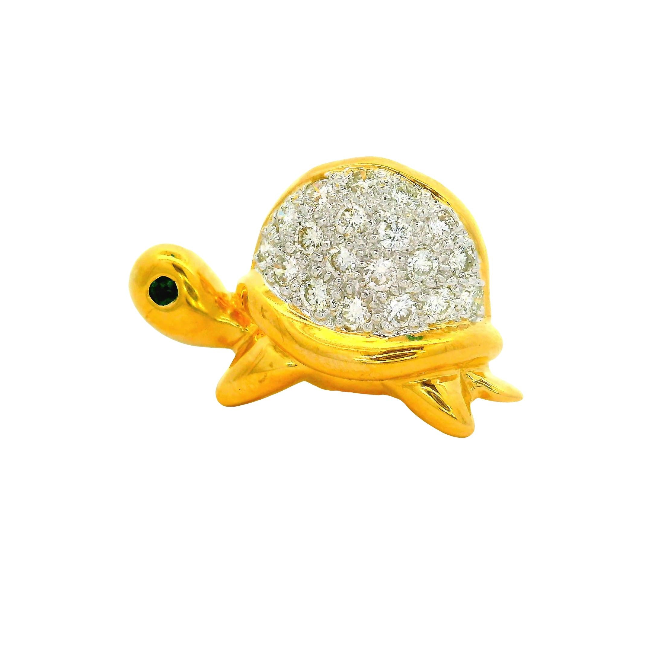 Vintage Diamond Emerald 18K Yellow Gold Cute Turtle Pin Pendant