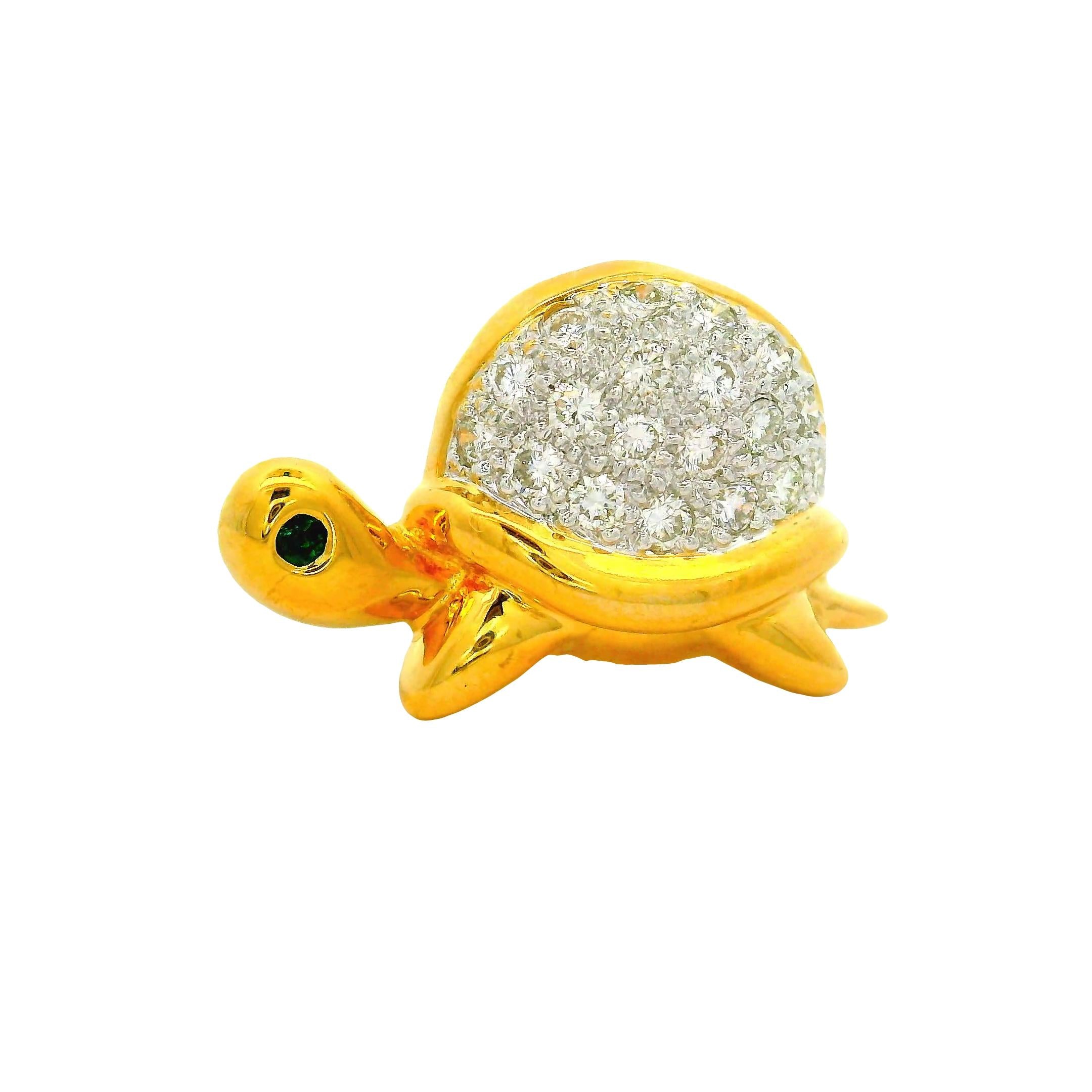 Vintage Diamond Emerald 18K Yellow Gold Cute Turtle Pin Pendant
