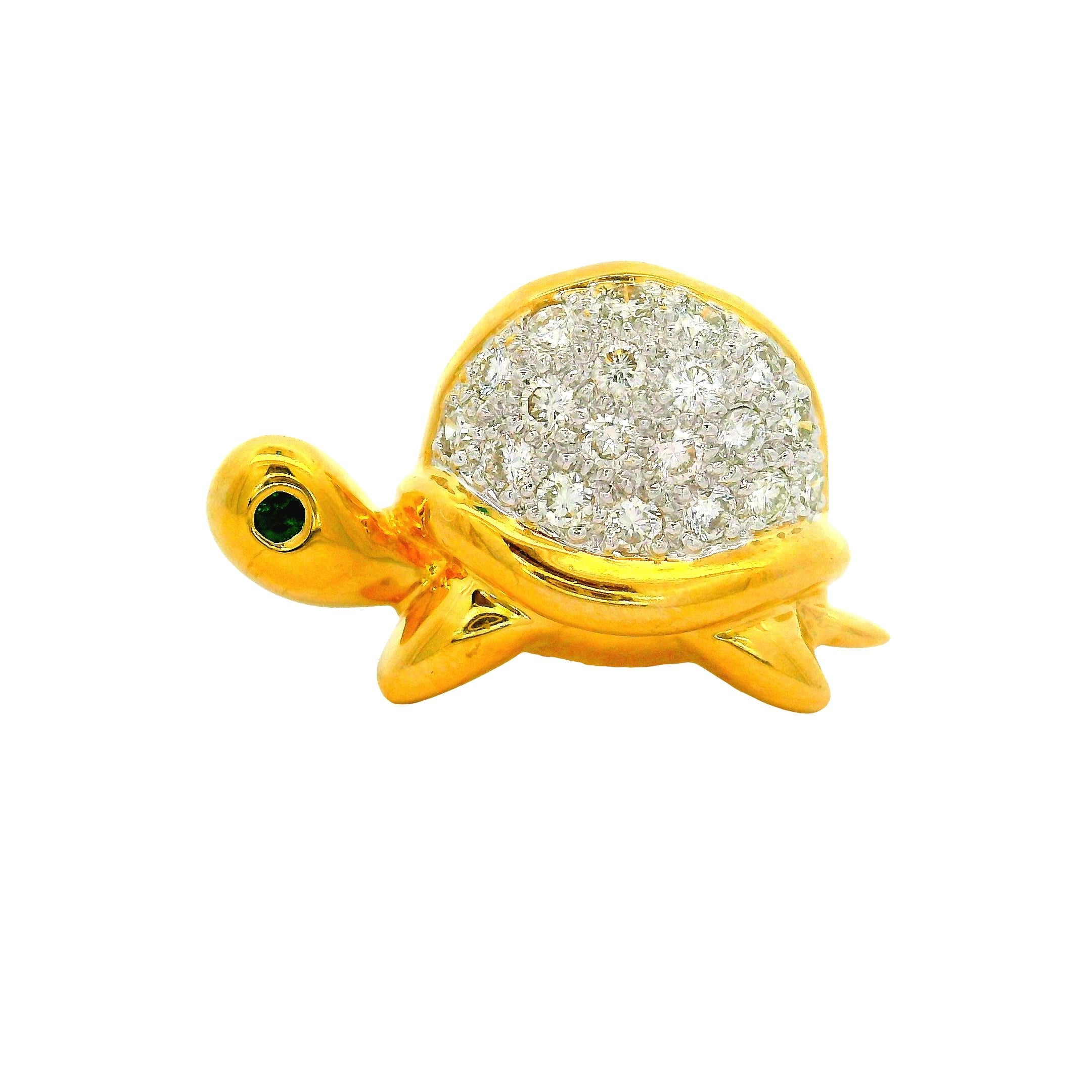 Vintage Diamond Emerald 18K Yellow Gold Cute Turtle Pin Pendant