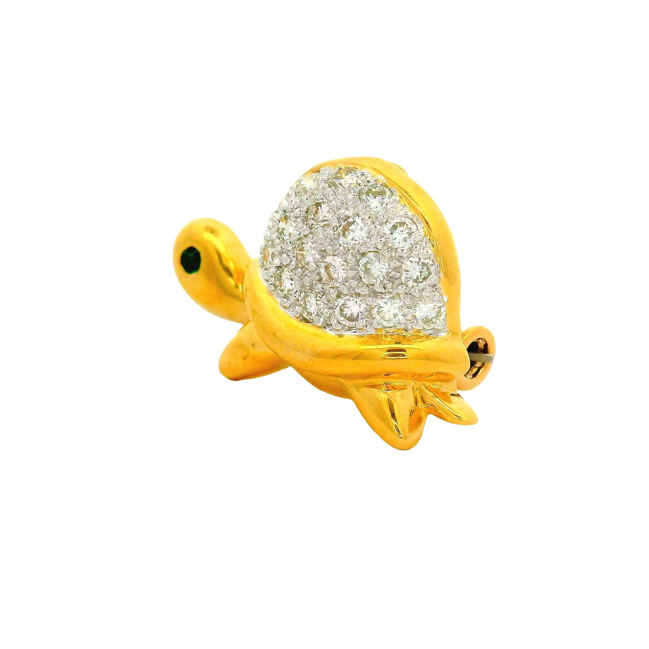 Vintage Diamond Emerald 18K Yellow Gold Cute Turtle Pin Pendant