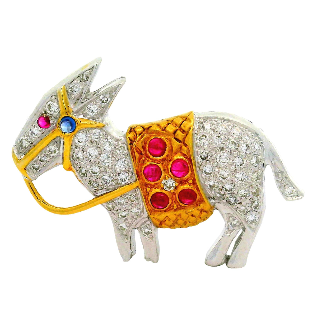 Diamond Ruby Blue Sapphire 18K Two-Tone Gold Donkey Pin Brooch