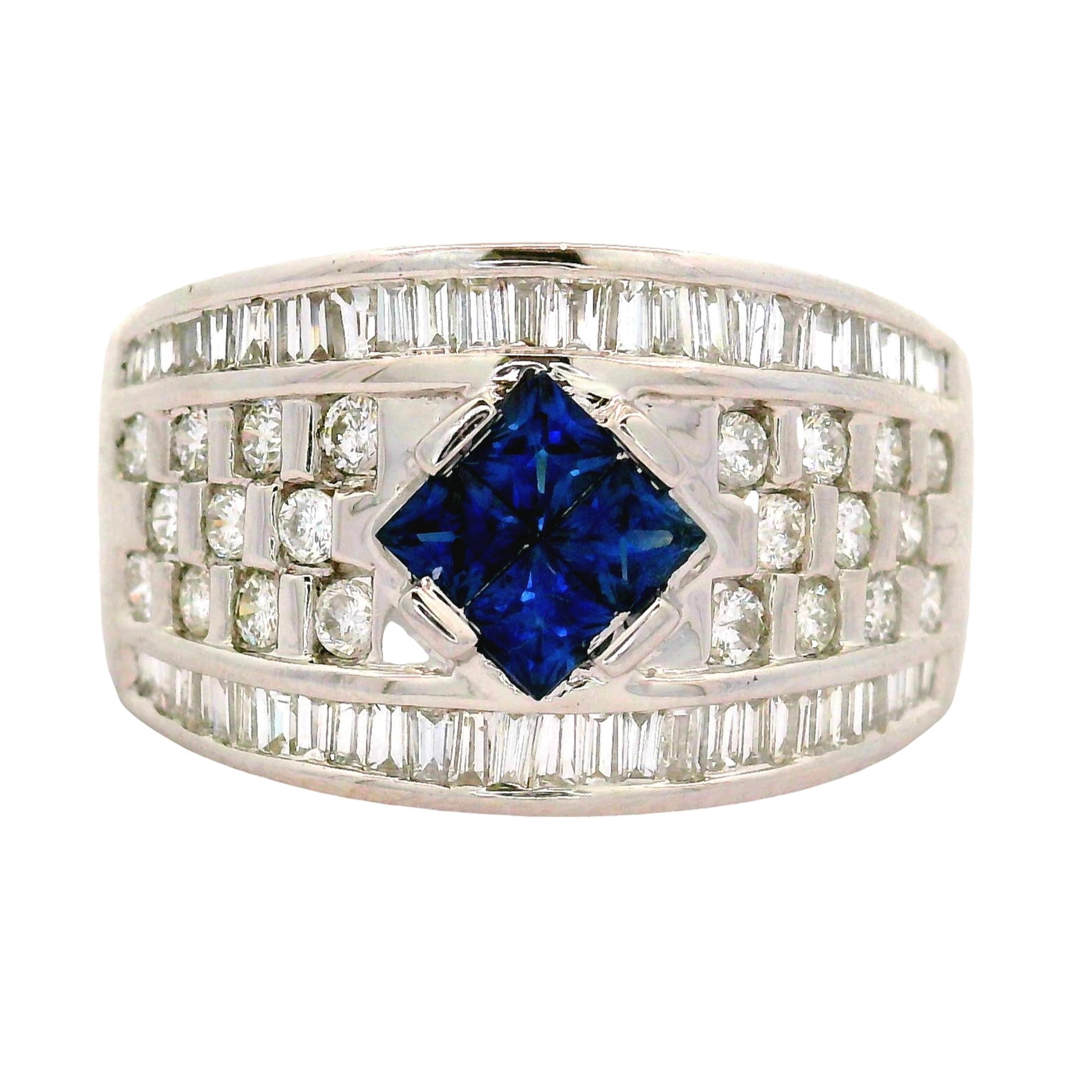 Vintage Blue Sapphire Diamond 18K White Gold Band Ring