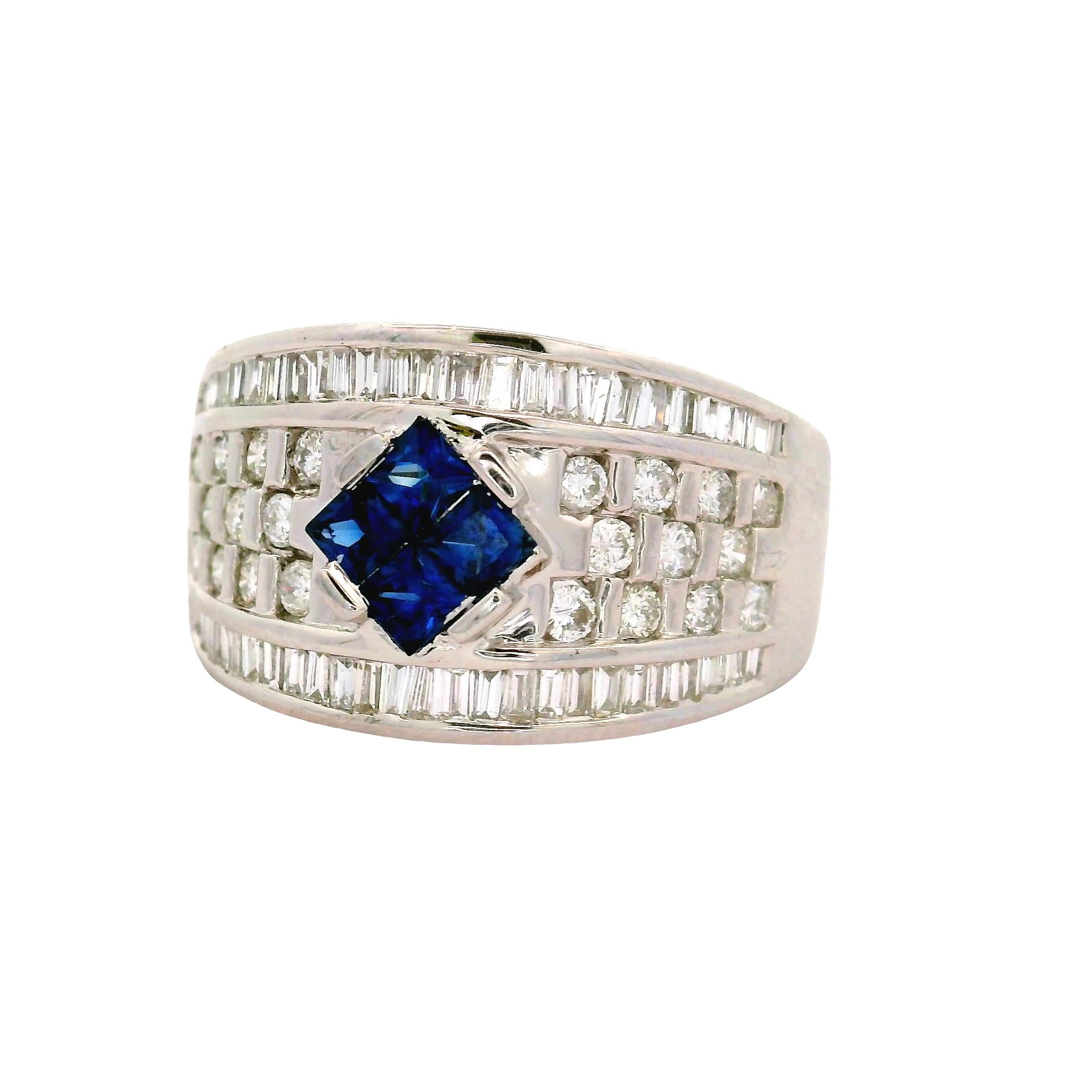 Vintage Blue Sapphire Diamond 18K White Gold Band Ring