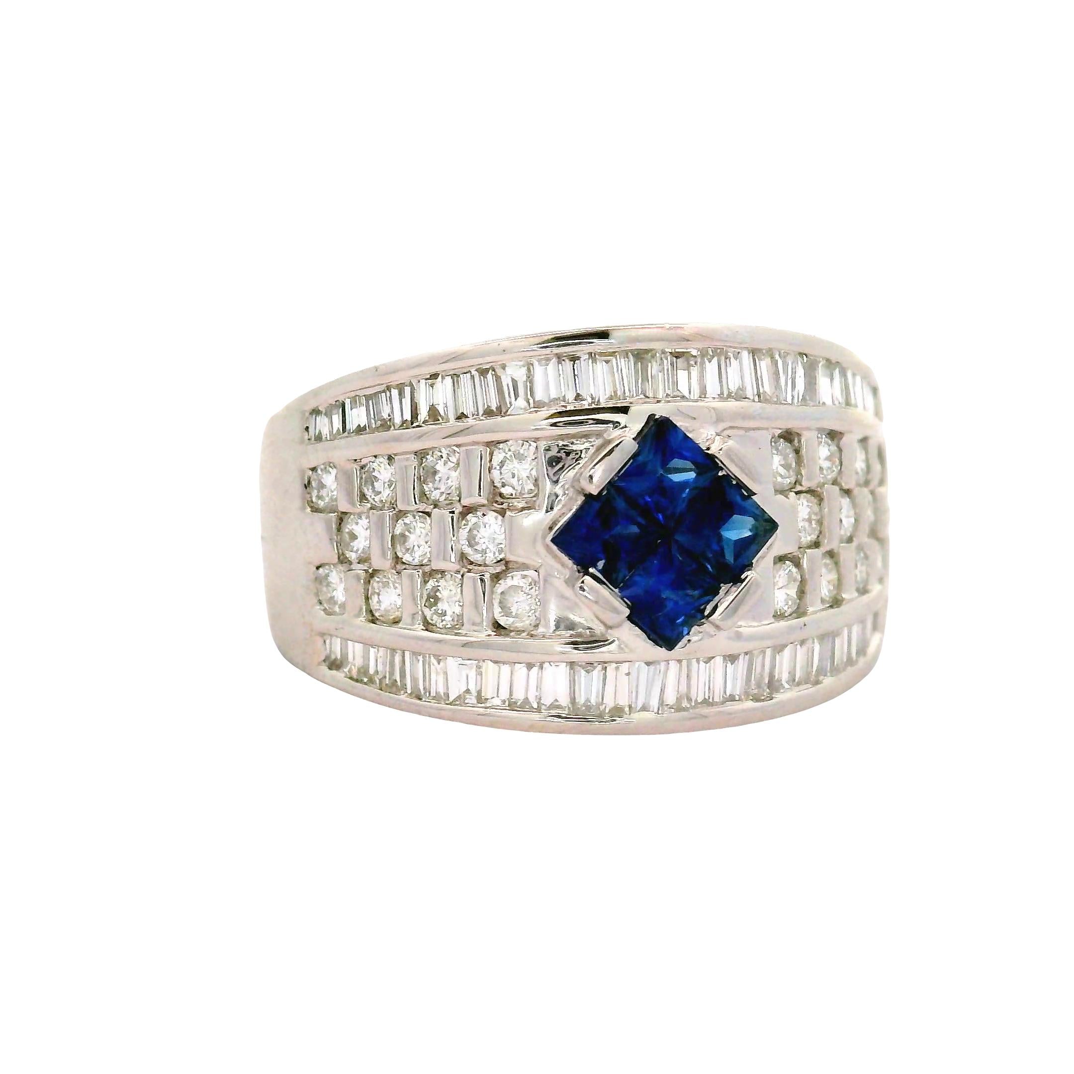 Vintage Blue Sapphire Diamond 18K White Gold Band Ring