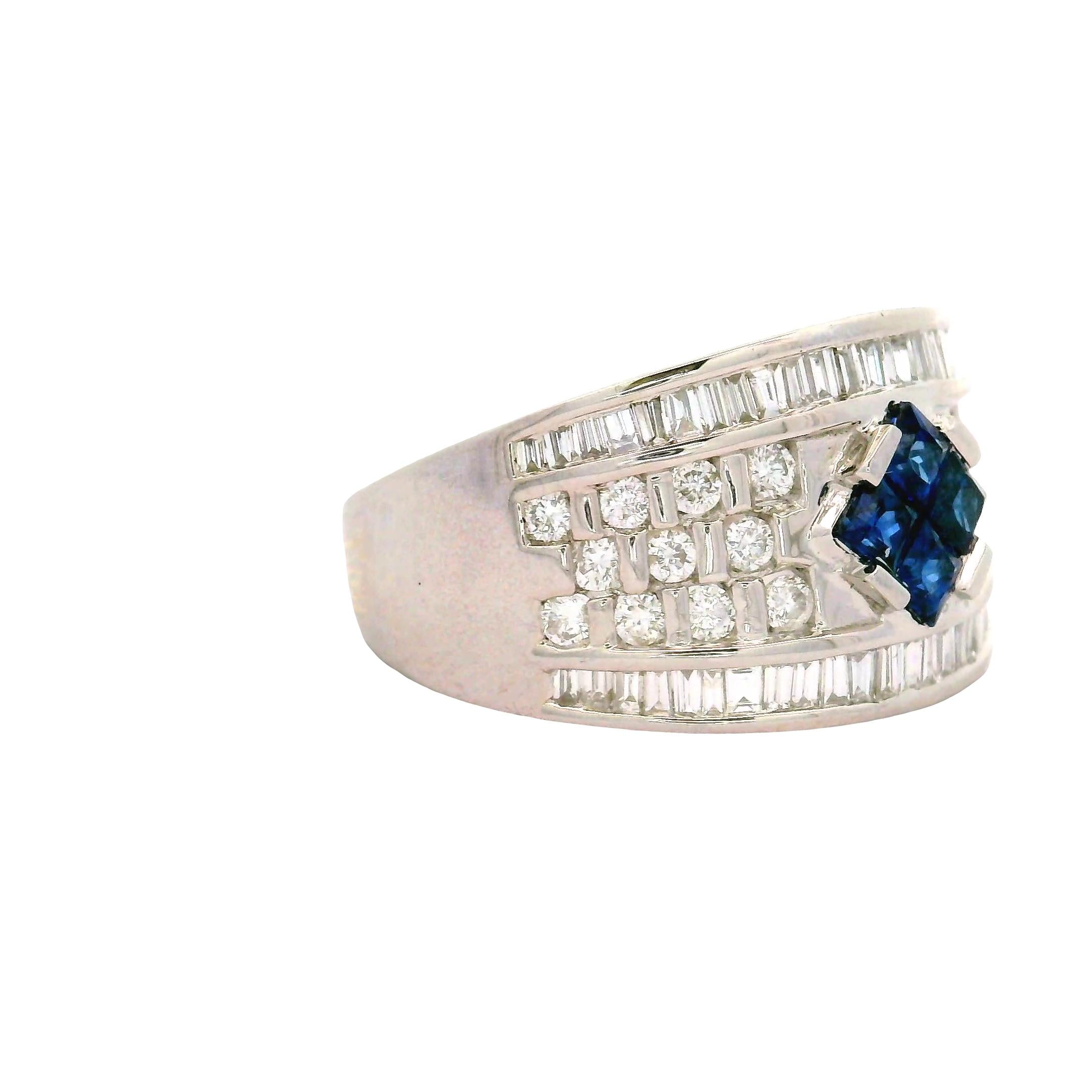 Vintage Blue Sapphire Diamond 18K White Gold Band Ring