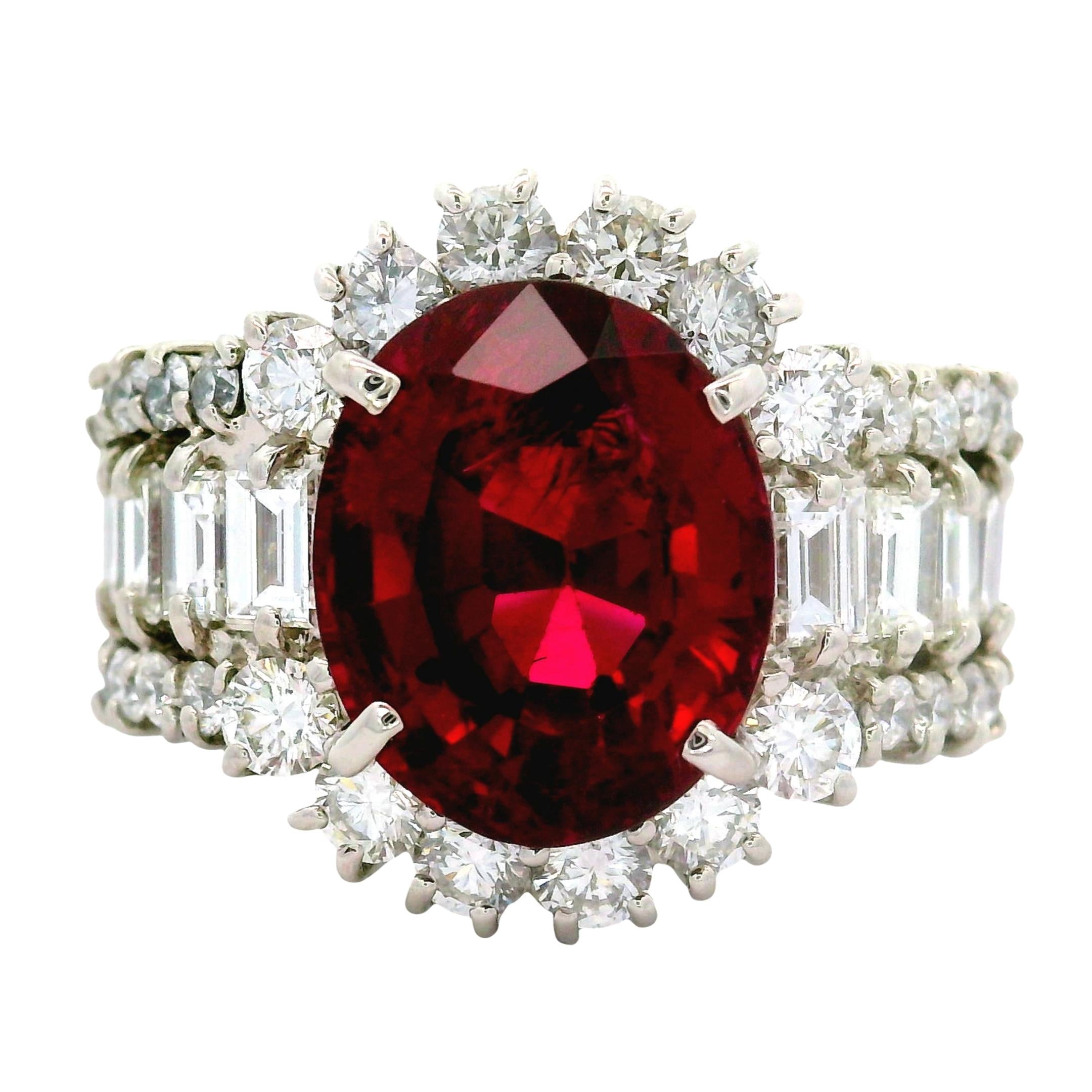 5.57 Carat No-Heat Burmese Red Spinel Diamond Platinum Ring, GIA Certified