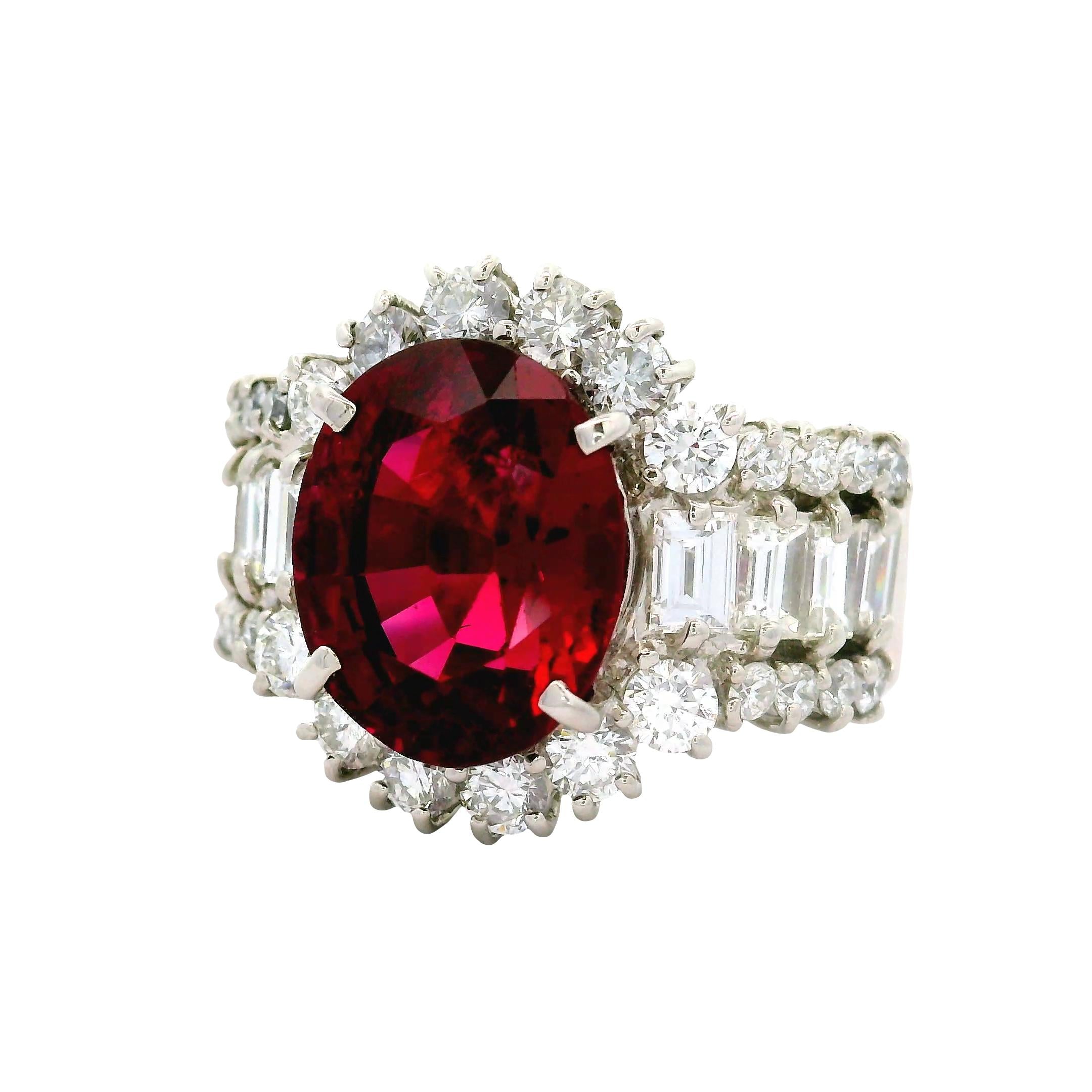 5.57 Carat No-Heat Burmese Red Spinel Diamond Platinum Ring, GIA Certified