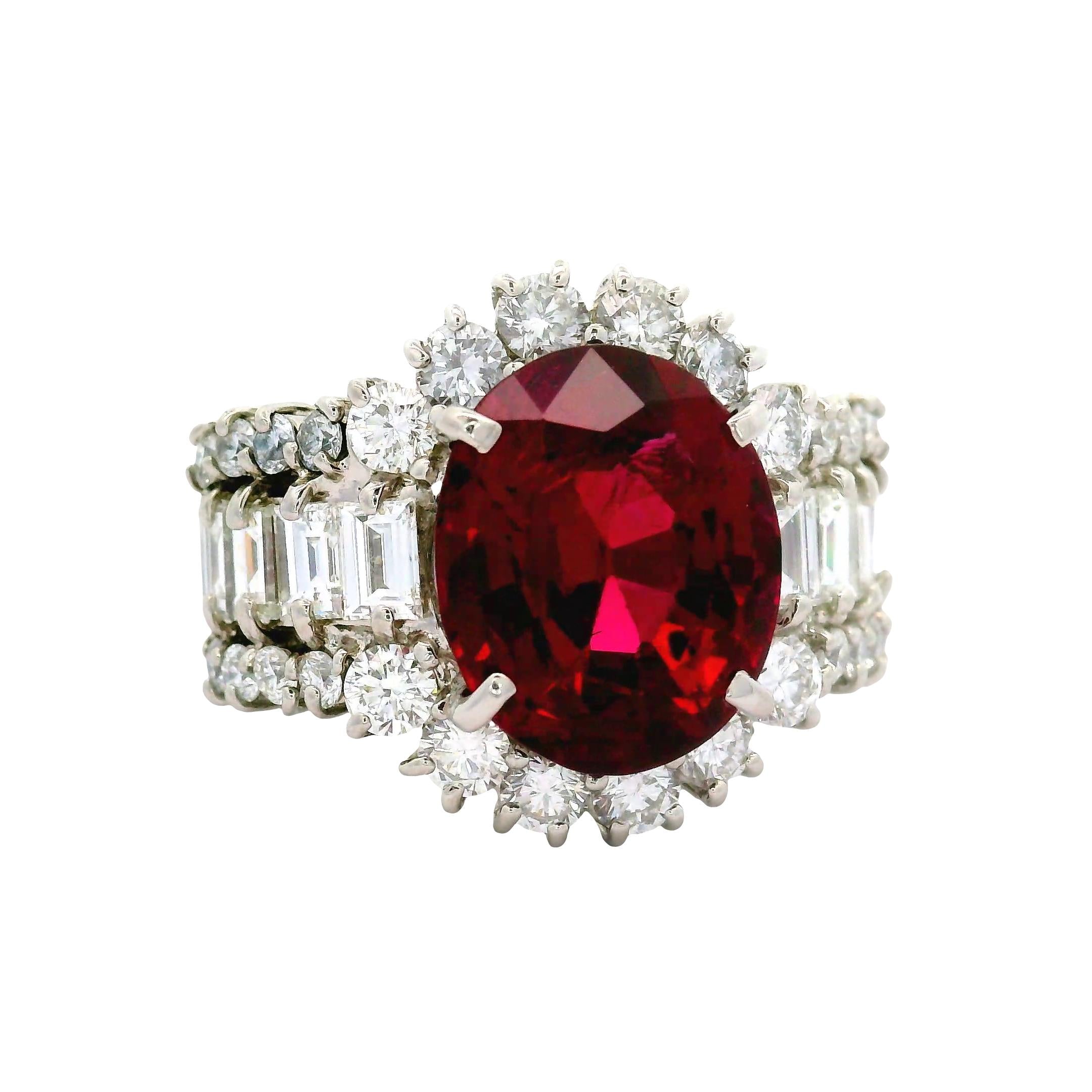 5.57 Carat No-Heat Burmese Red Spinel Diamond Platinum Ring, GIA Certified