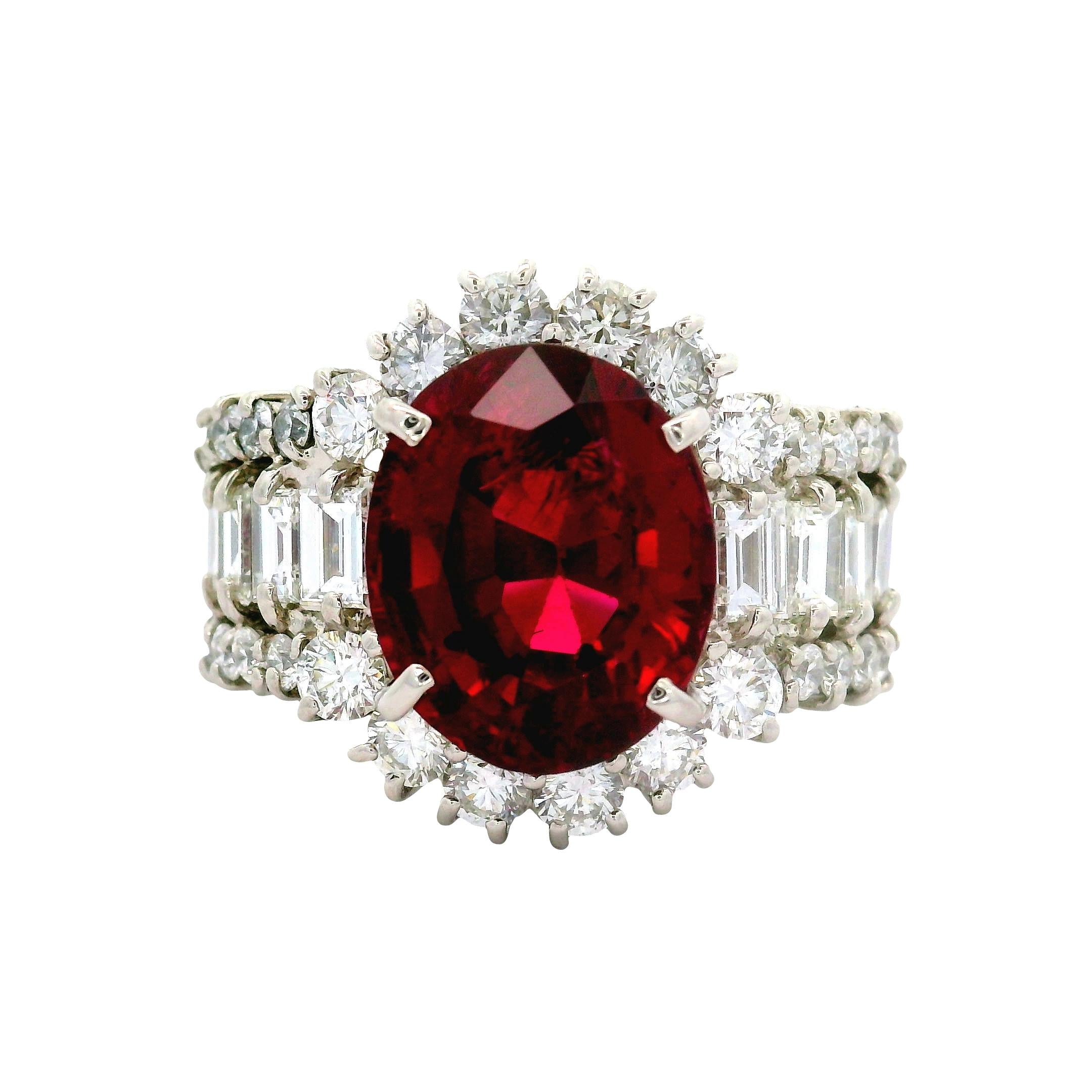5.57 Carat No-Heat Burmese Red Spinel Diamond Platinum Ring, GIA Certified