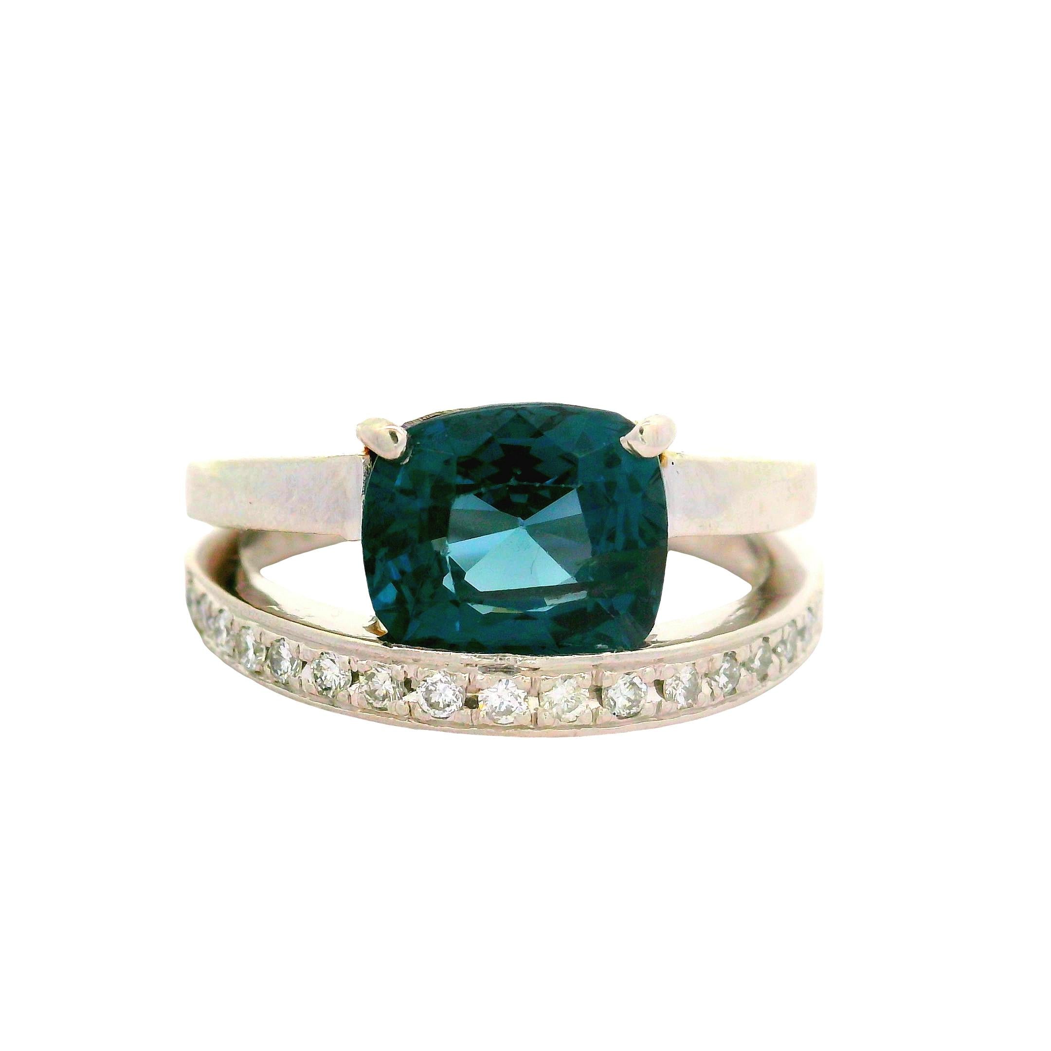 2.74 Carat Blue Spinel Diamond Platinum Double-Band Ring, AGL Certified