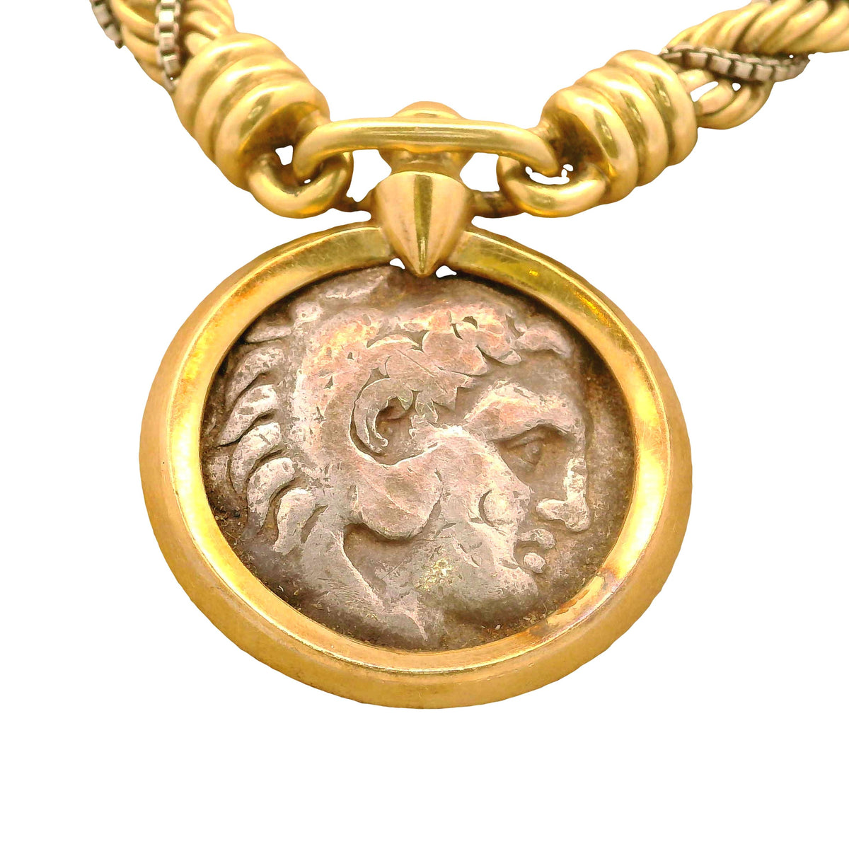 French Retro 18K Two-Tone Gold with Silver Antique Coin Braided Necklace