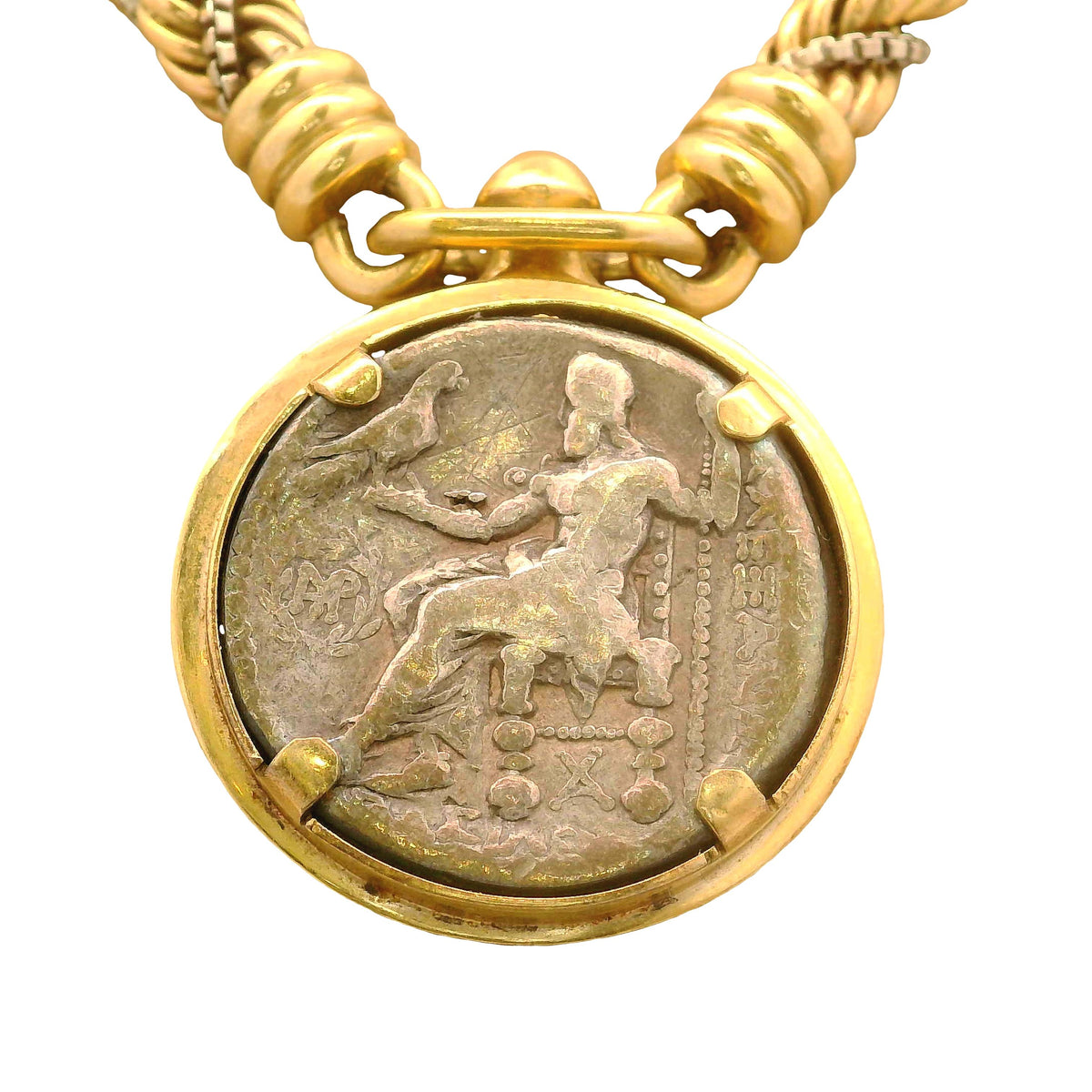 French Retro 18K Two-Tone Gold with Silver Antique Coin Braided Necklace