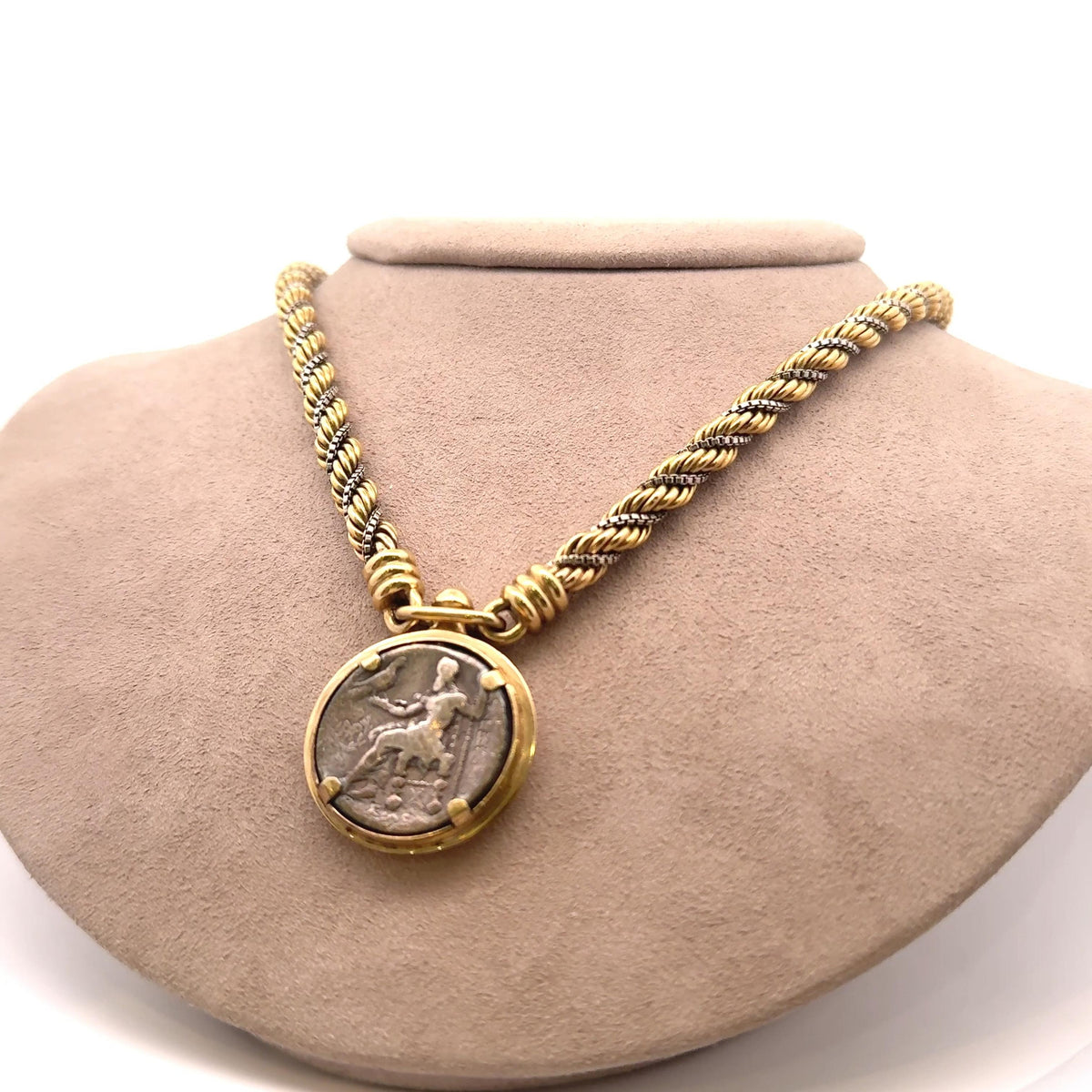 French Retro 18K Two-Tone Gold with Silver Antique Coin Braided Necklace