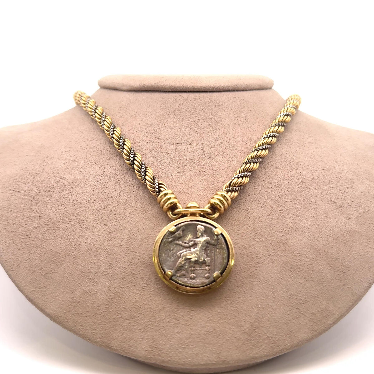 French Retro 18K Two-Tone Gold with Silver Antique Coin Braided Necklace