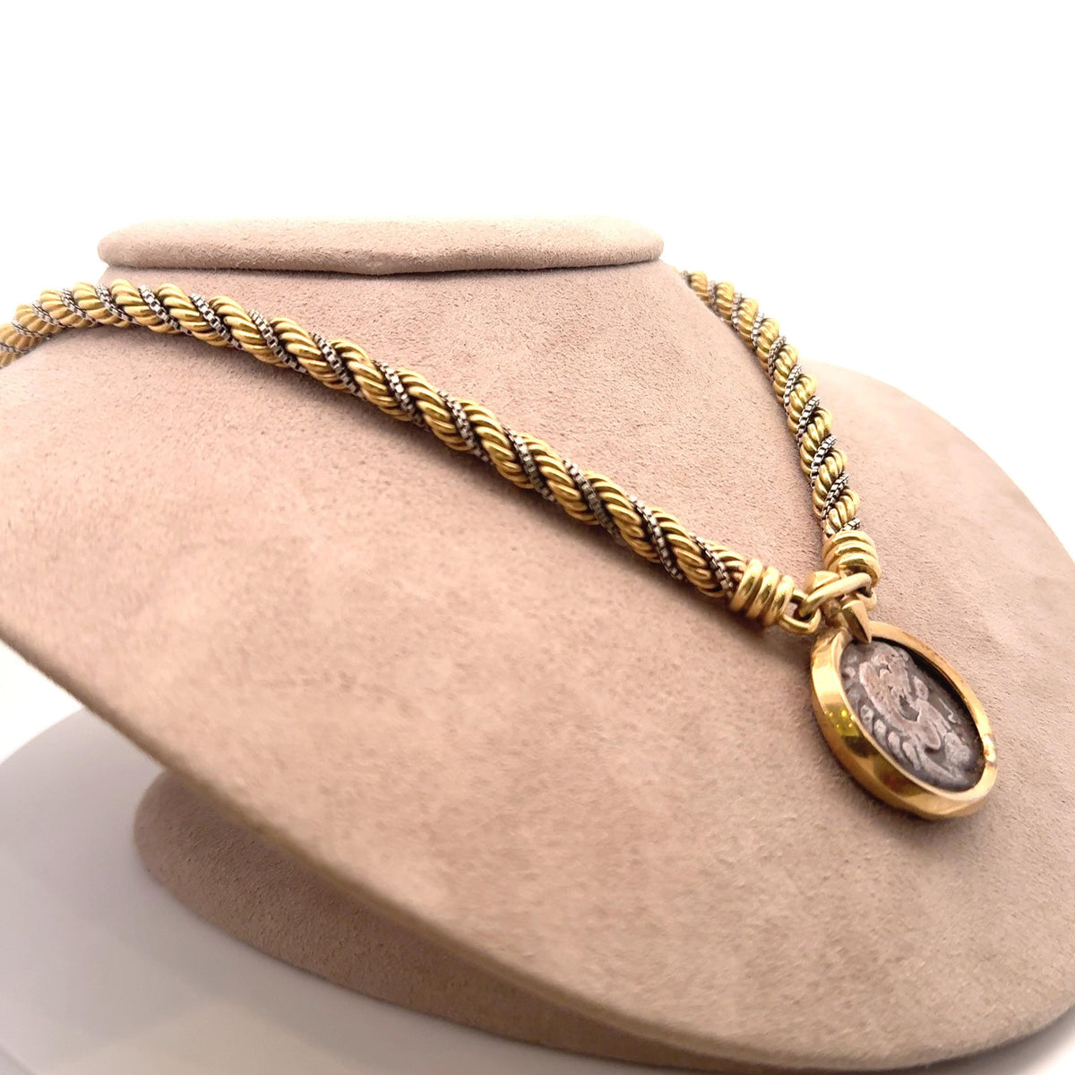 French Retro 18K Two-Tone Gold with Silver Antique Coin Braided Necklace