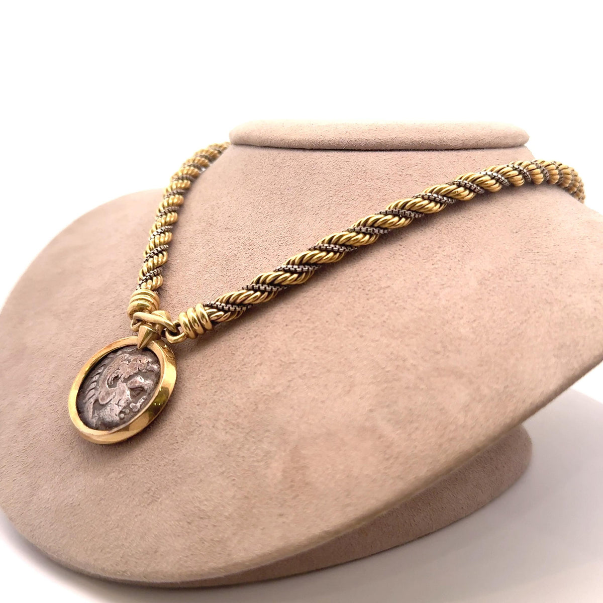 French Retro 18K Two-Tone Gold with Silver Antique Coin Braided Necklace