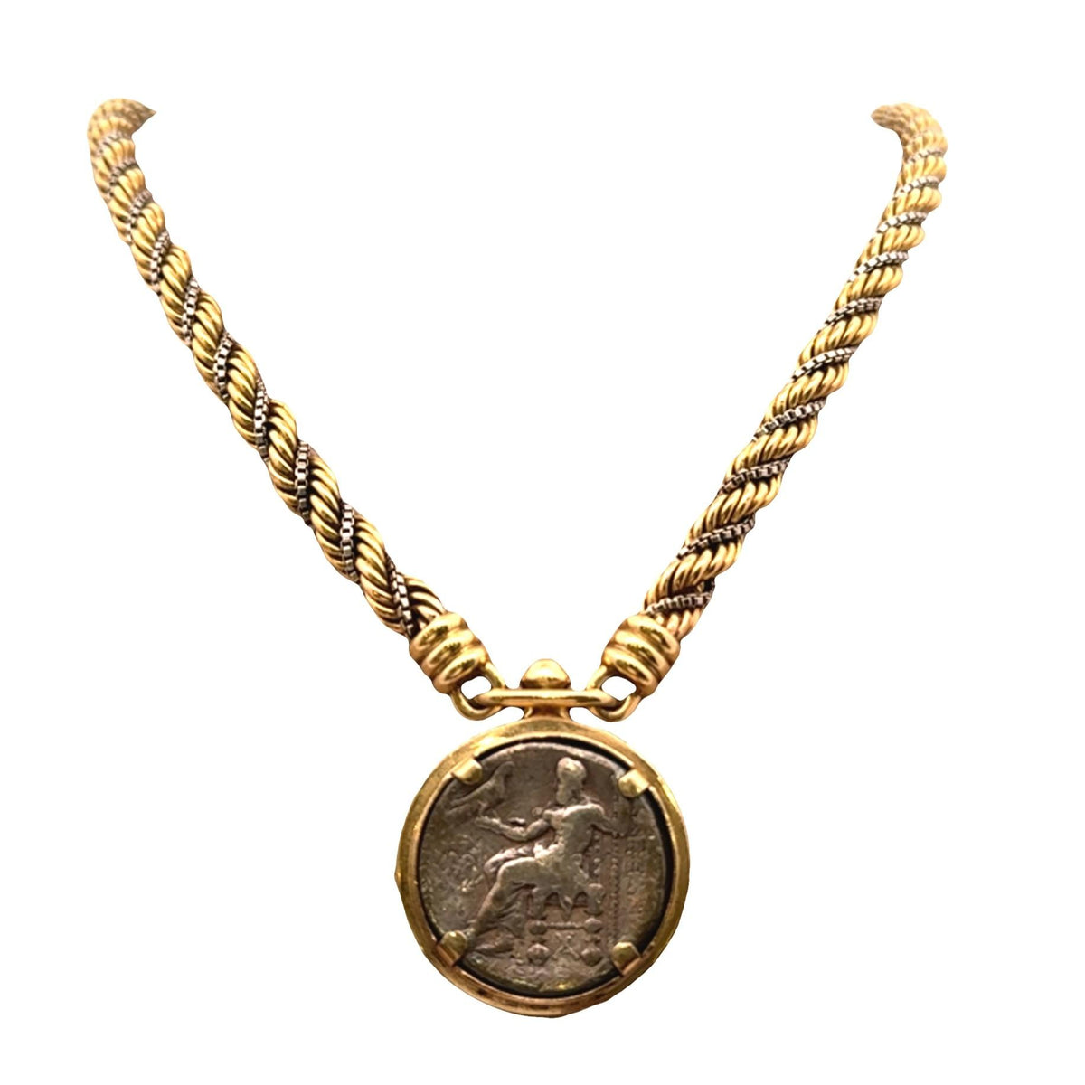 French Retro 18K Two-Tone Gold with Silver Antique Coin Braided Necklace