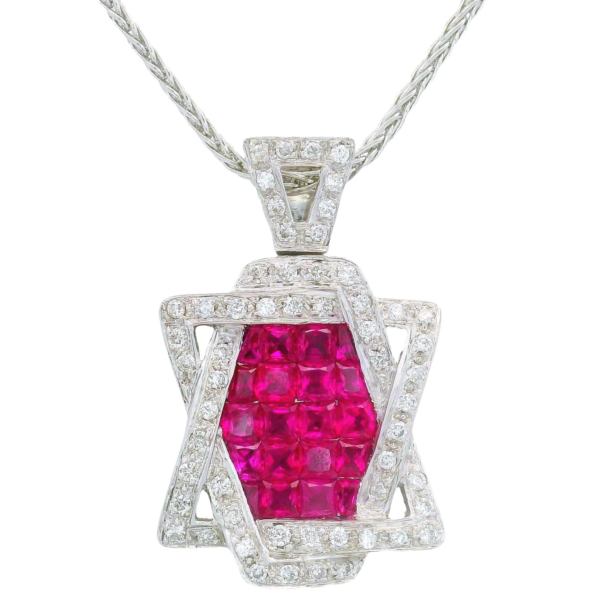 Ruby Diamond Star of David 18k White Gold Pendant