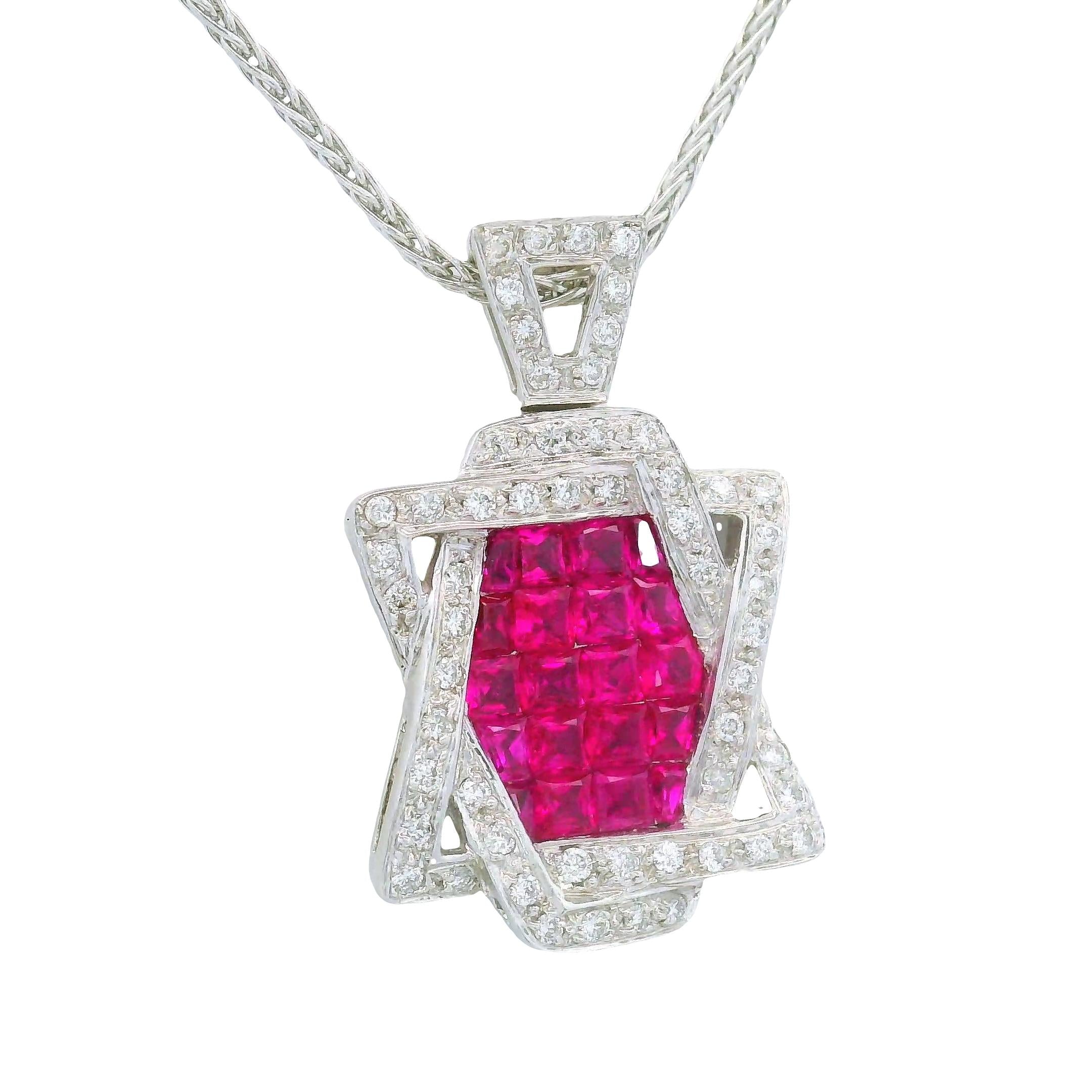 Ruby Diamond Star of David 18k White Gold Pendant