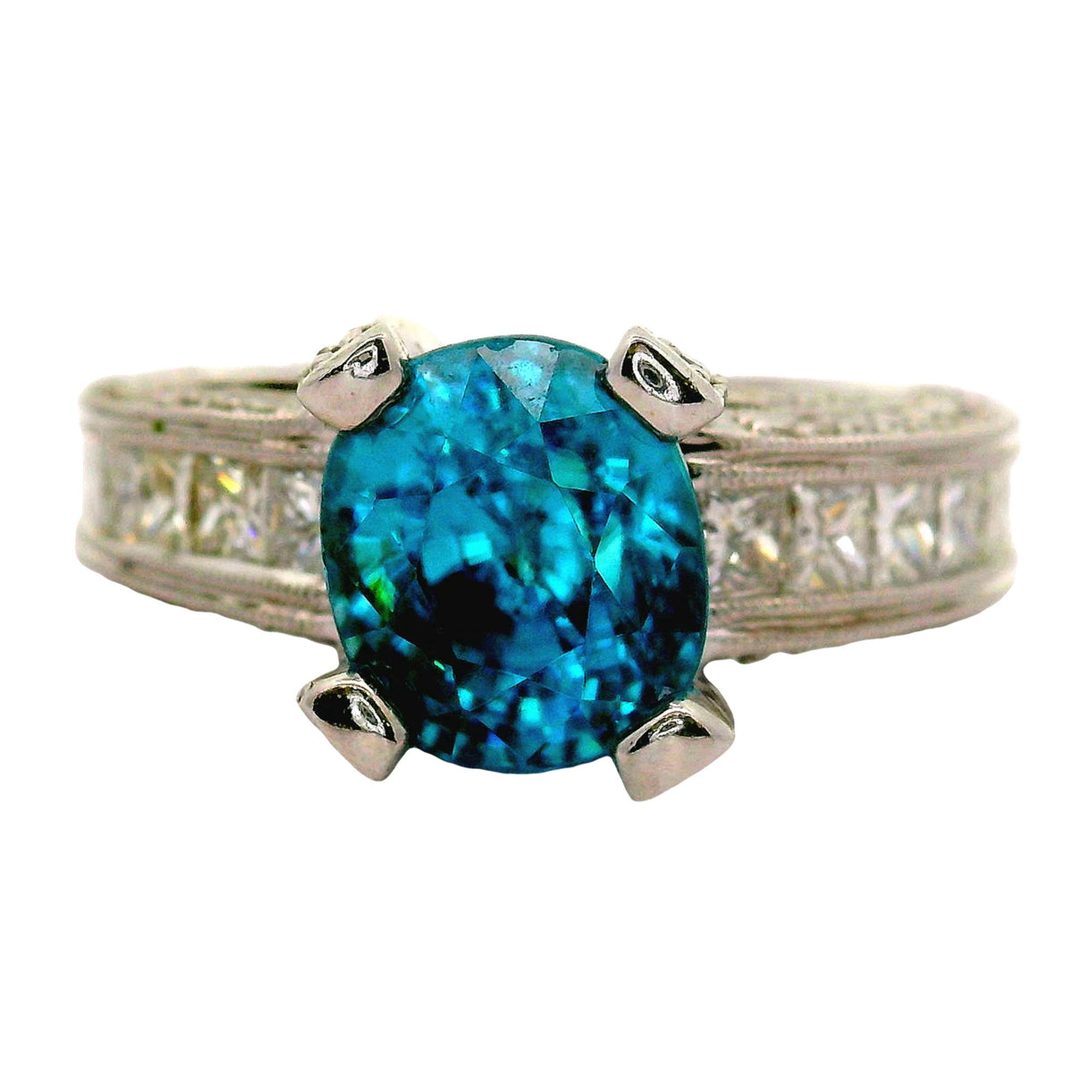 Vintage 5.84 Carat Blue Zircon Diamond 18K White Gold Engagement Ring