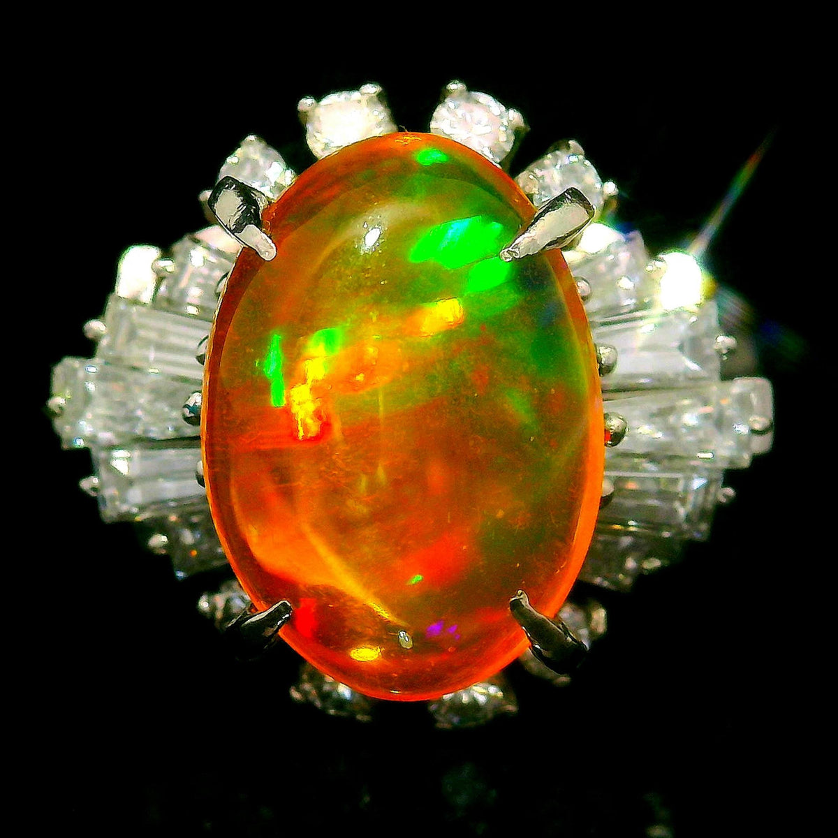 Vintage Mexican Fire Opal Diamond Platinum Ring