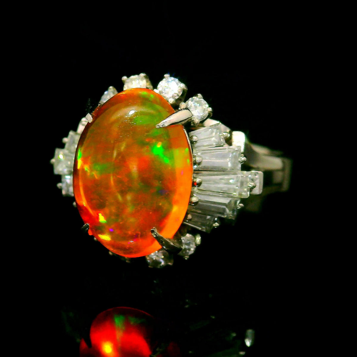 Vintage Mexican Fire Opal Diamond Platinum Ring