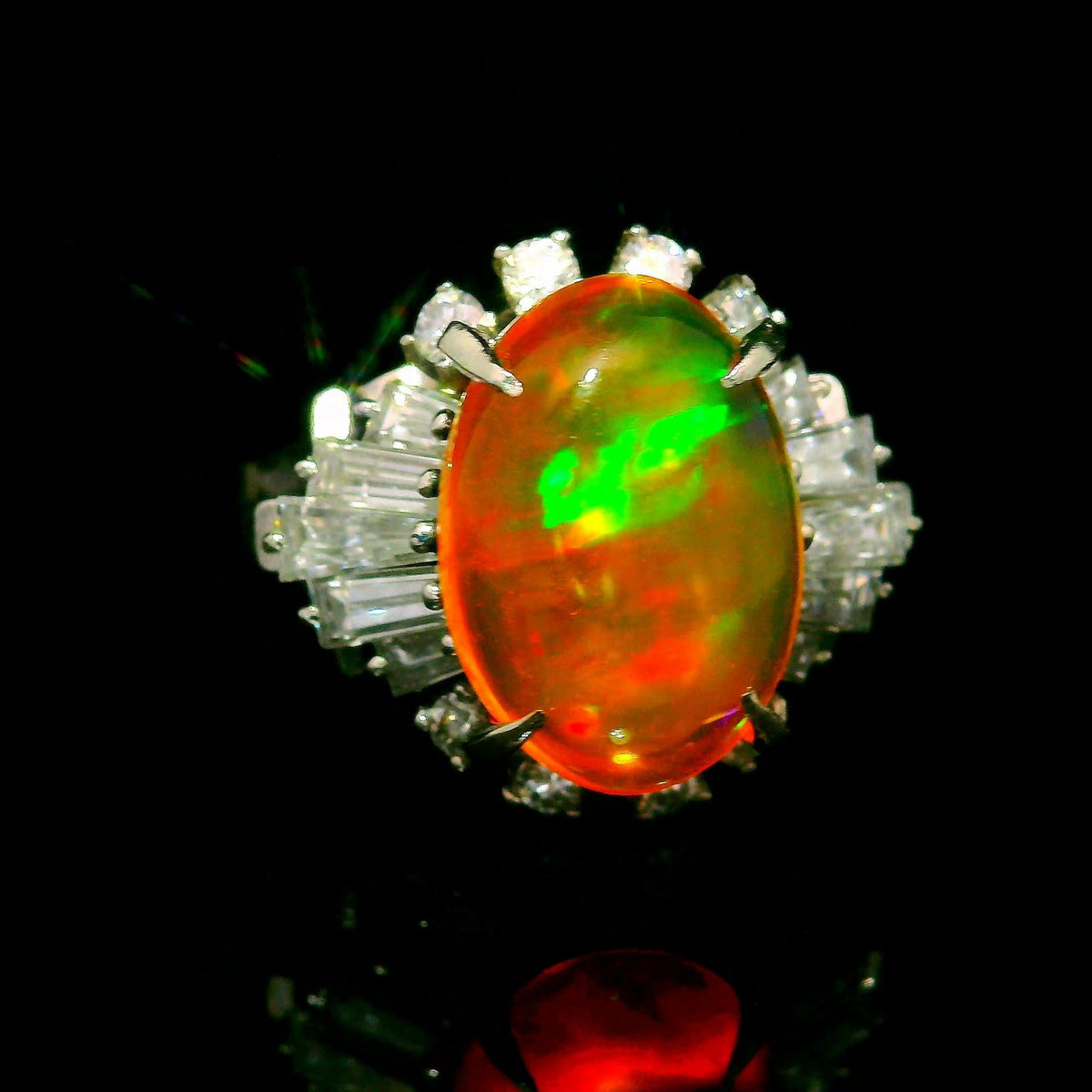 Vintage Mexican Fire Opal Diamond Platinum Ring